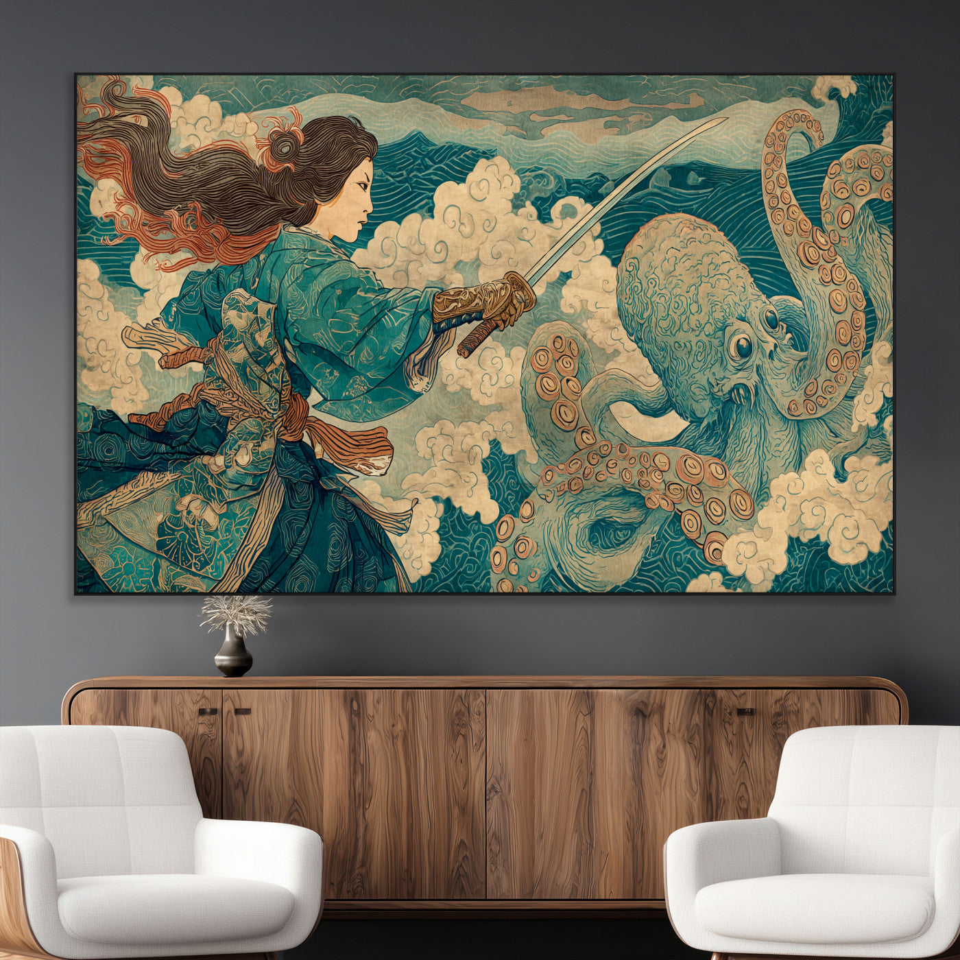 37943964-MGV-CV-36X24-Samurai Warrior vs Octopus Wall Art – Japanese Ukiyo-e Style Canvas Print, Ocean Battle Scene Artwork for Living Room, Office, Man