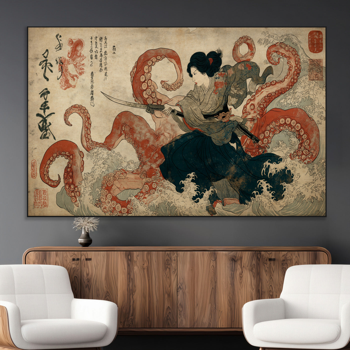 82737246-MGV-CV-36X24-Samurai Woman vs Octopus Wall Art – Japanese Ukiyo-e Dual Sword Canvas Print, Red Tentacle Ocean Battle Artwork for Living Room,