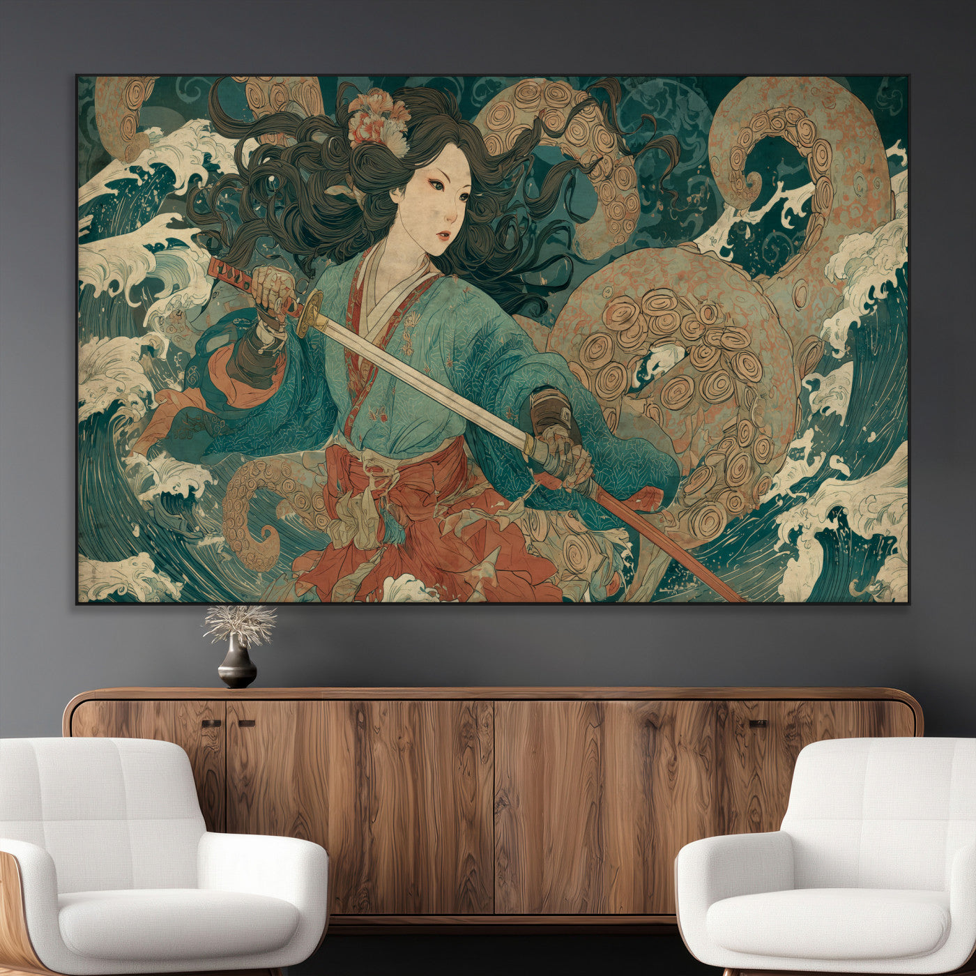 79740258-MGV-CV-36X24-Tsukioka Yoshitoshi Samurai Wall Art Print, Japanese Katana Warrior Canvas Wall Art, Octopus Sea Monster Canvas Print,