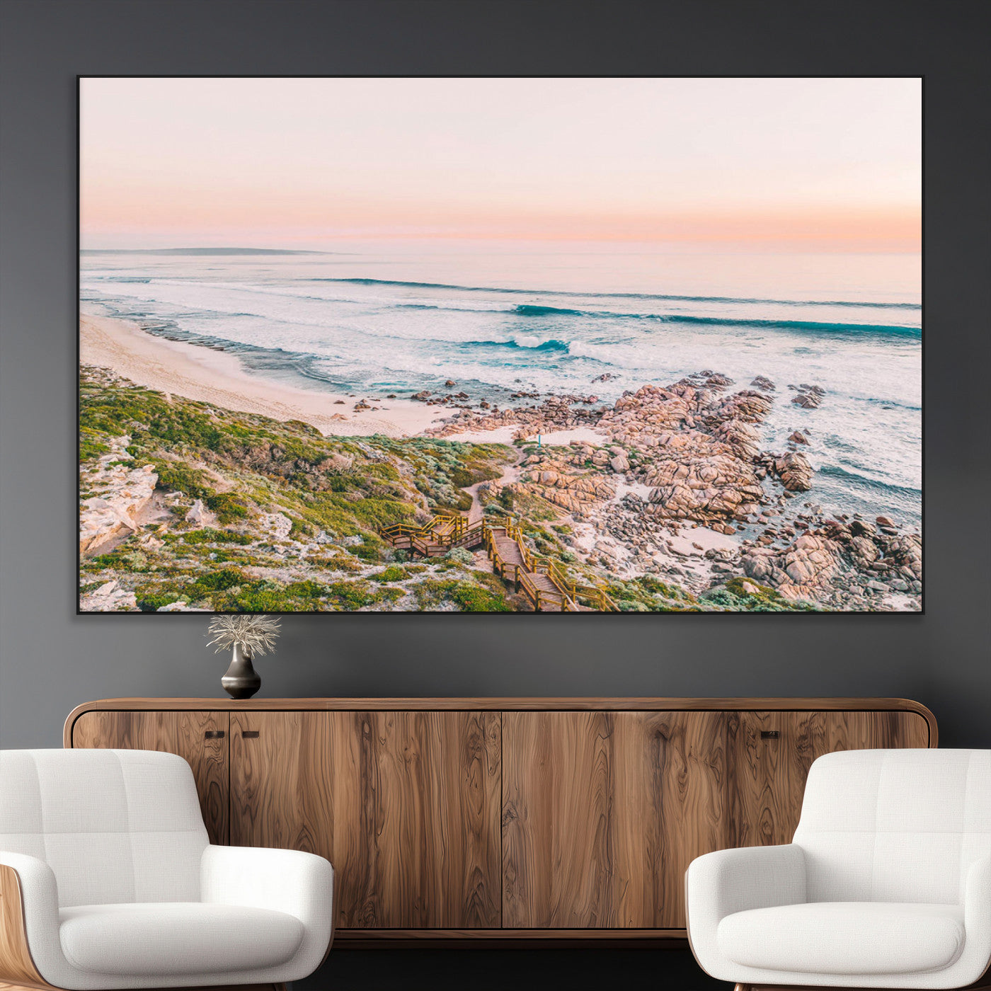 27332135-MGV-CV-36X24-Coastal Sunset Wall Art – Ocean Waves and Rocky Shore Canvas Print, Scenic Seaside Photography Decor for Bedroom, Living Room,