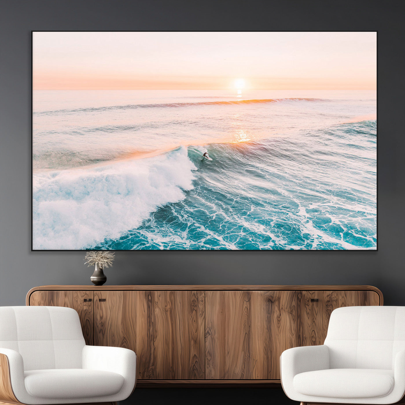 34064591-MGV-CV-36X24-Surfing Wall Art – Sunset Ocean Wave Canvas Print, Surfer Riding Sea Photography Decor for Bedroom, Living Room, Office, Coastal
