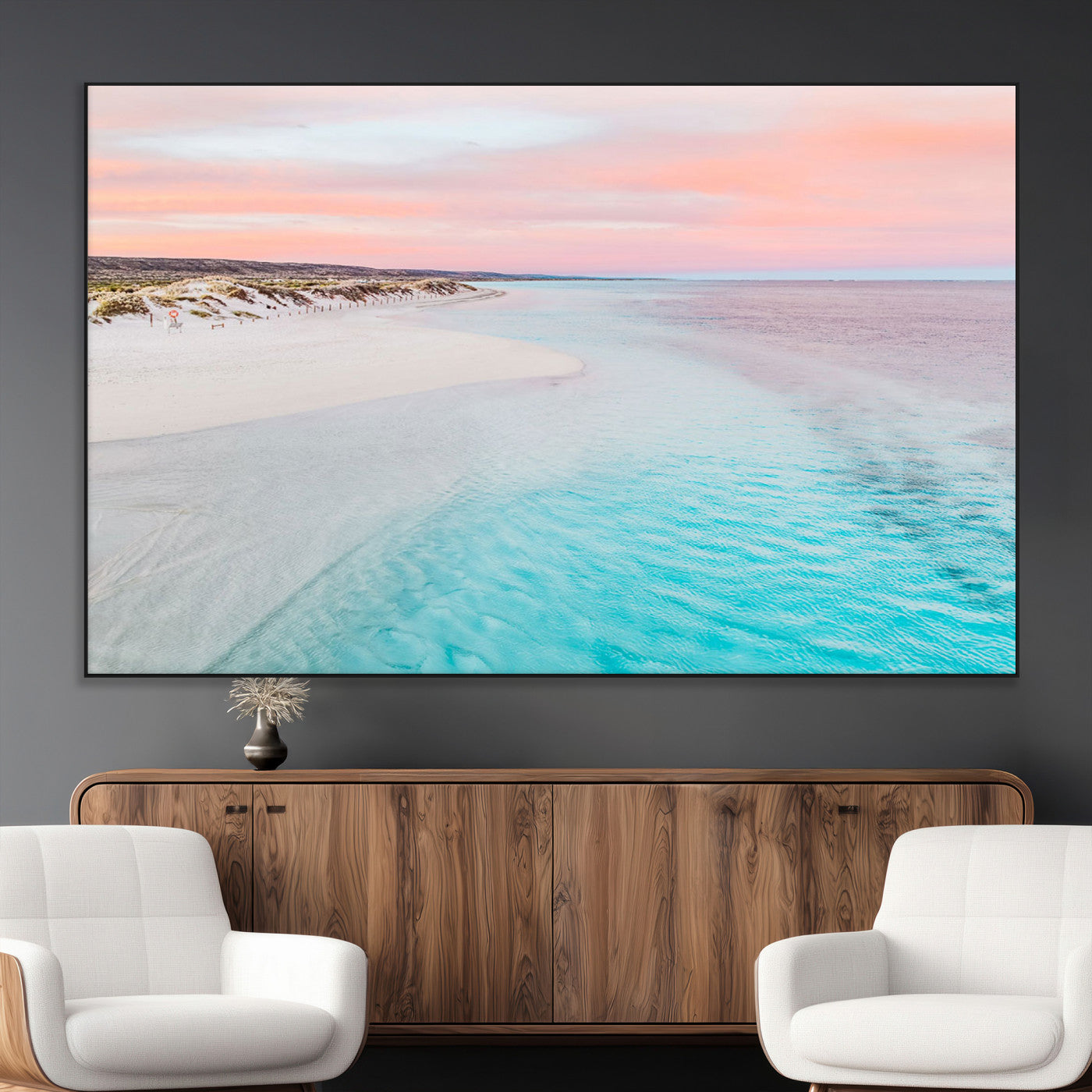 41613614-MGV-CV-36X24-Beach Sunset Wall Art – Pastel Ocean Canvas Print, Turquoise Water and Pink Sky Photography Decor for Bedroom, Living Room, Office