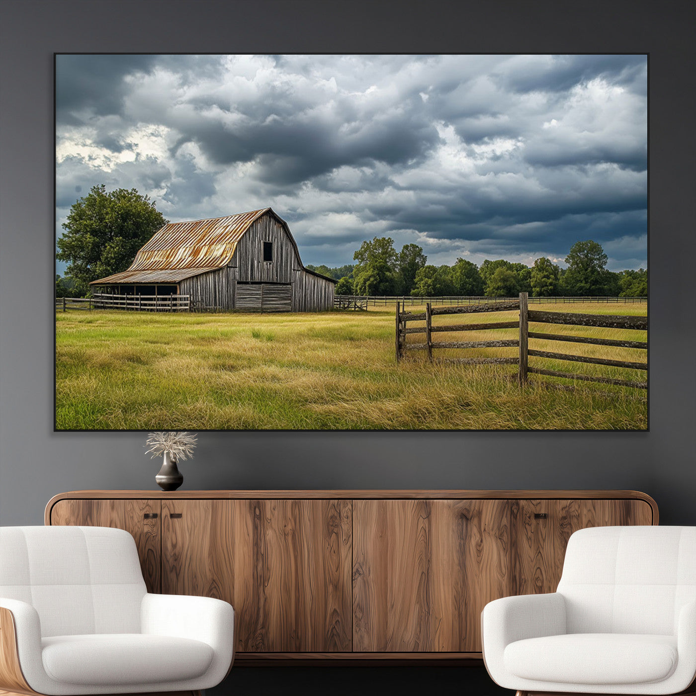 39409517-MGV-CV-36X24-Rustic Barn Wall Art – Weathered Farmhouse and Storm Clouds Canvas Print, Country Landscape Photography Decor for Bedroom, Living