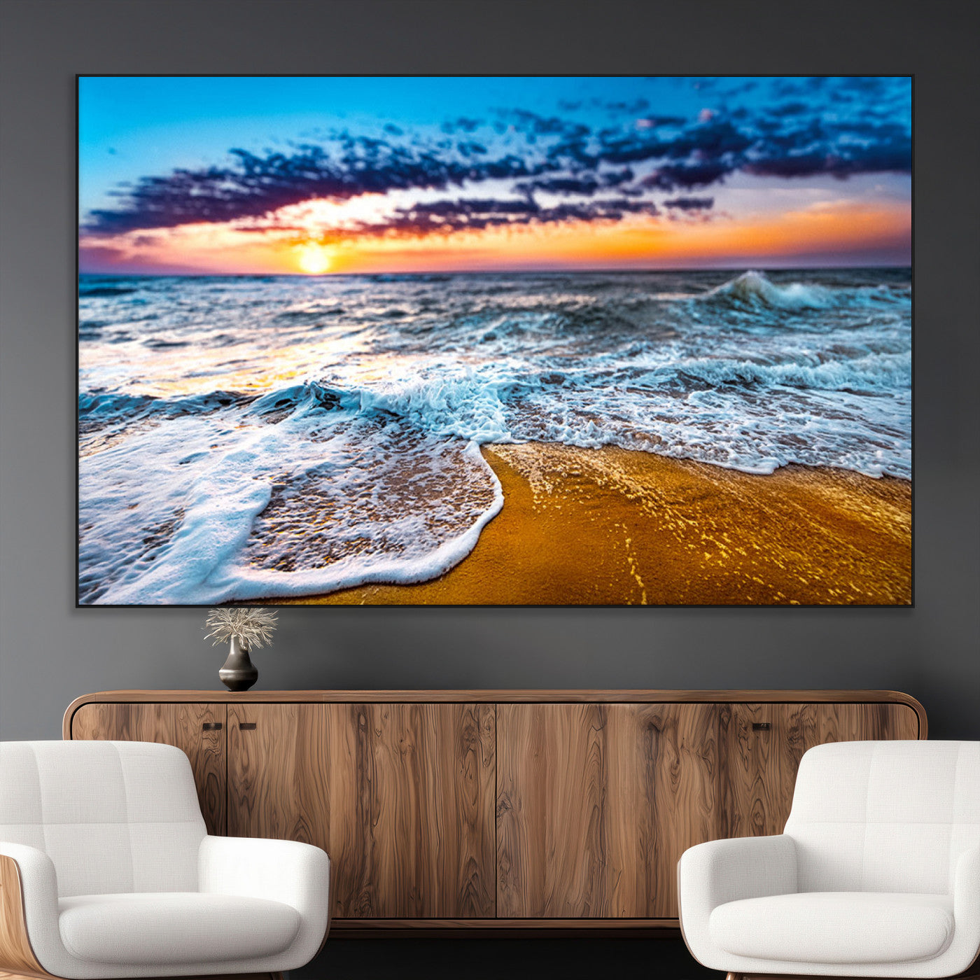 24077769-MGV-CV-36X24-Sunset Beach Wall Art – Ocean Waves Canvas Print, Golden Shoreline Photography Coastal Decor for Living Room, Bedroom, Office,