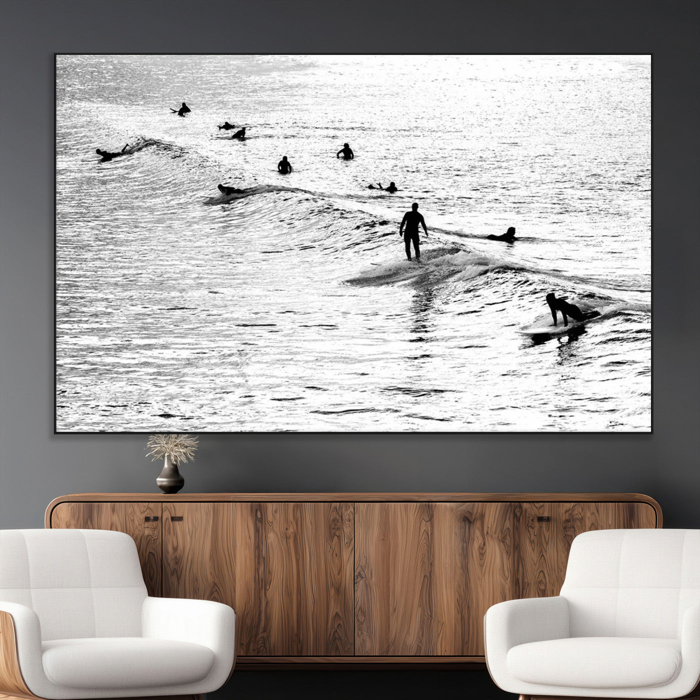 68018616-MGV-CV-36X24-Black and White Surf Photography Print – Minimalist Ocean Wall Art, Surfers Riding Waves, Coastal Beach Decor for Modern Home or