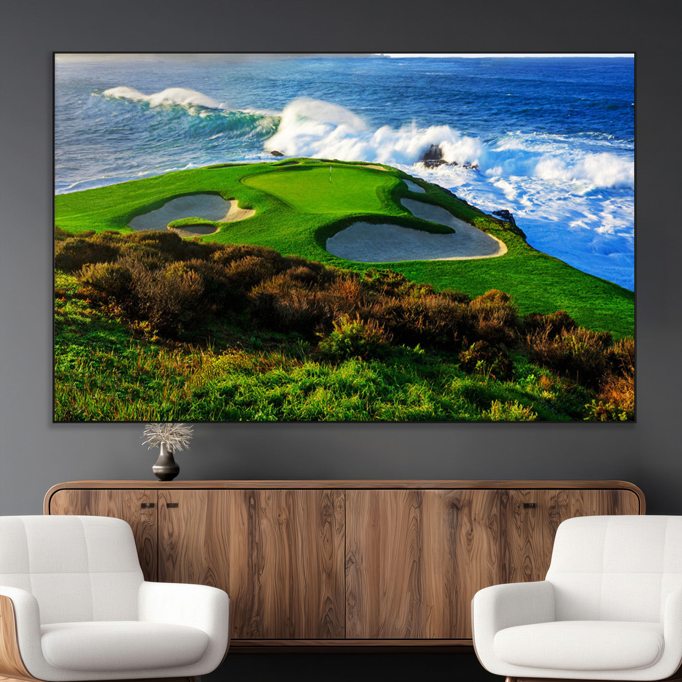 34181847-MGV-CV-36X24-Coastal Golf Course Wall Art – Panoramic Ocean Fairway Canvas Print, Scenic Sports Photography Decor for Office, Man Cave, Living