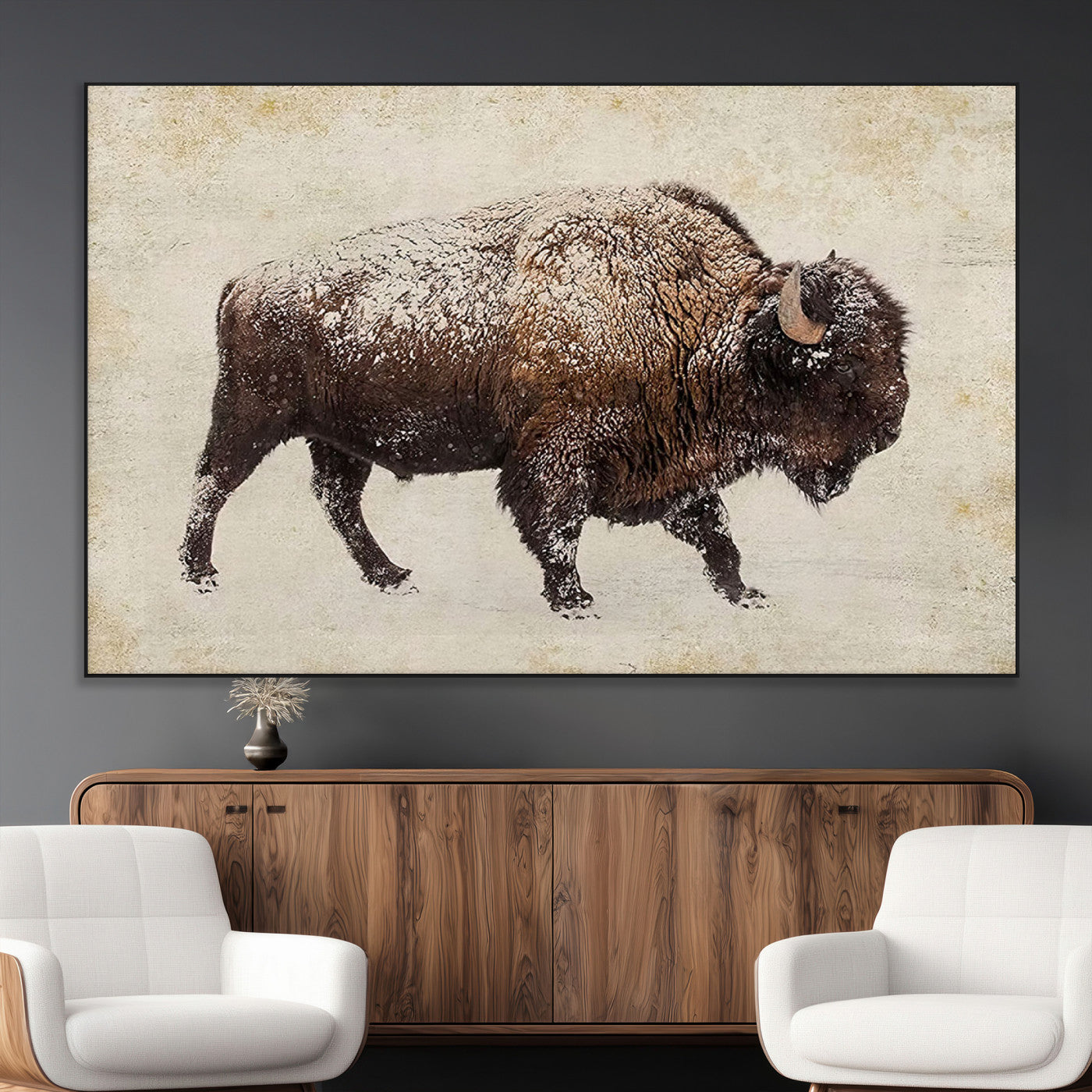 54810031-MGV-CV-36X24-Western Wall Art – Snow Covered Bison Canvas Print, Rustic Wildlife Photography Decor for Bedroom, Living Room, Office, Lodge,