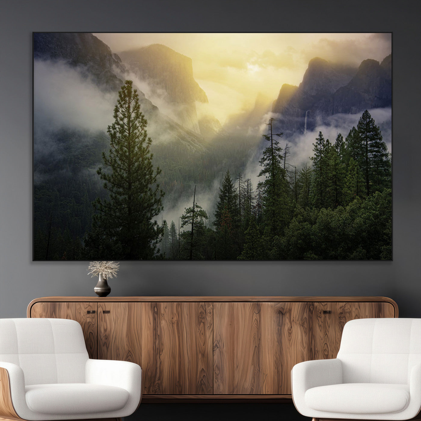 38316884-MGV-CV-36X24-Landscape Wall Art – Misty Mountain Valley Canvas Print, Scenic Pine Forest and Sunrise Photography Decor for Bedroom, Living