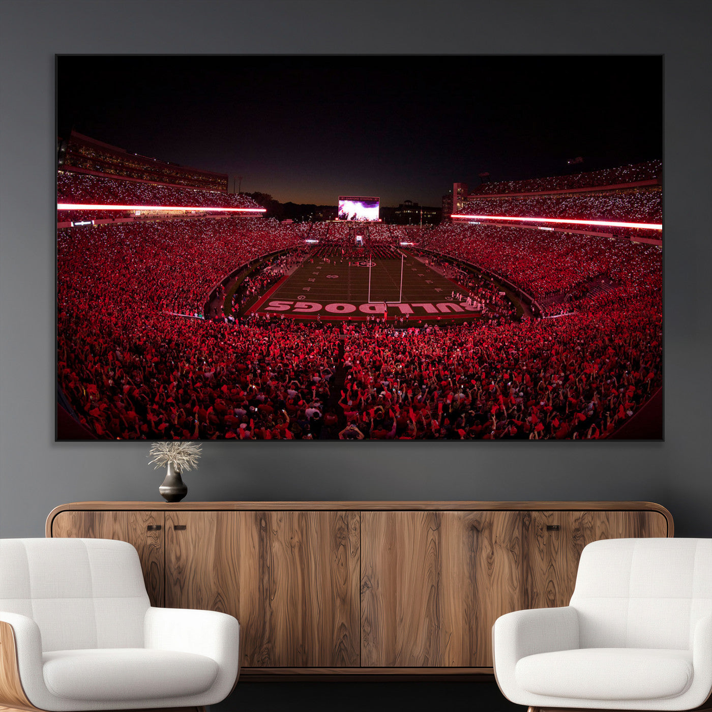 38331045-MGV-CV-36X24-Sanford Stadium Wall Art – Panoramic Georgia Bulldogs Red Light Game Football Canvas Print, Night Crowd Sports Decor for Office,