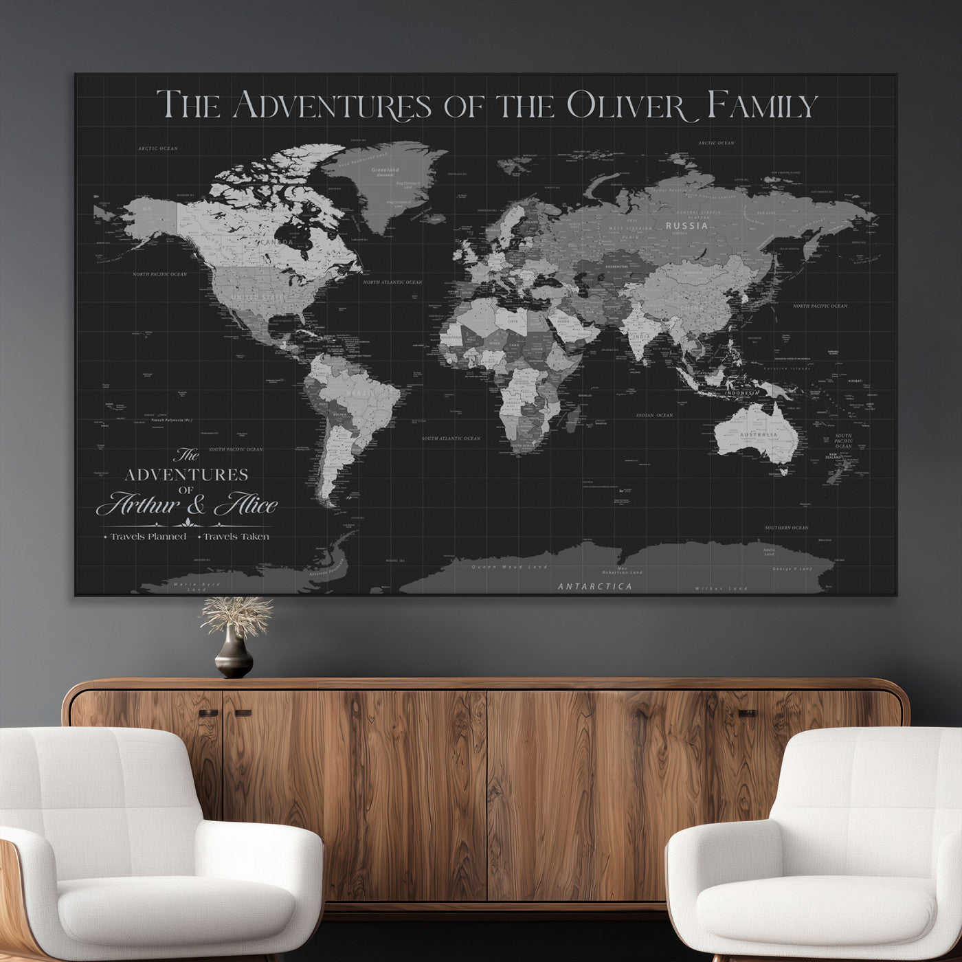 46064114-MGV-CV-36X24-Personalized World Map Wall Art – Black & Grey Adventure Travel Map with Custom Family or Couple Names, Modern Wall Decor for Home