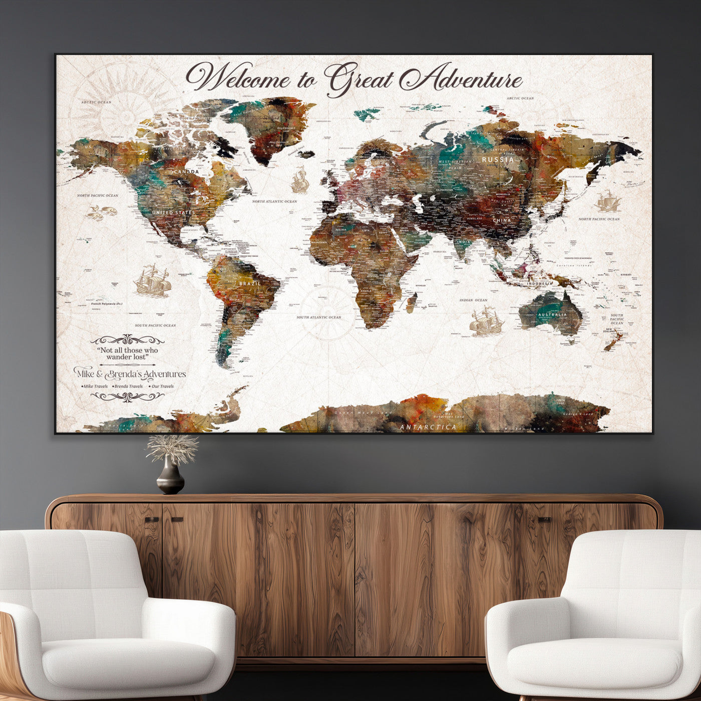 67029173-MGV-CV-36X24-Personalized World Map Wall Art – Colorful Vintage Adventure Travel Map with Custom Couple Names, Rustic Wall Decor for Home,