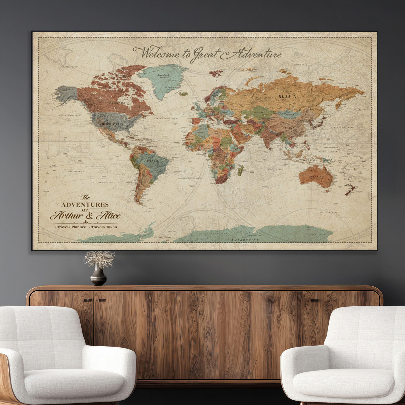 43497401-MGV-CV-36X24-Personalized World Map Wall Art – Vintage Rustic Adventure Travel Map with Custom Couple Names, Welcome to Great Adventure Wall