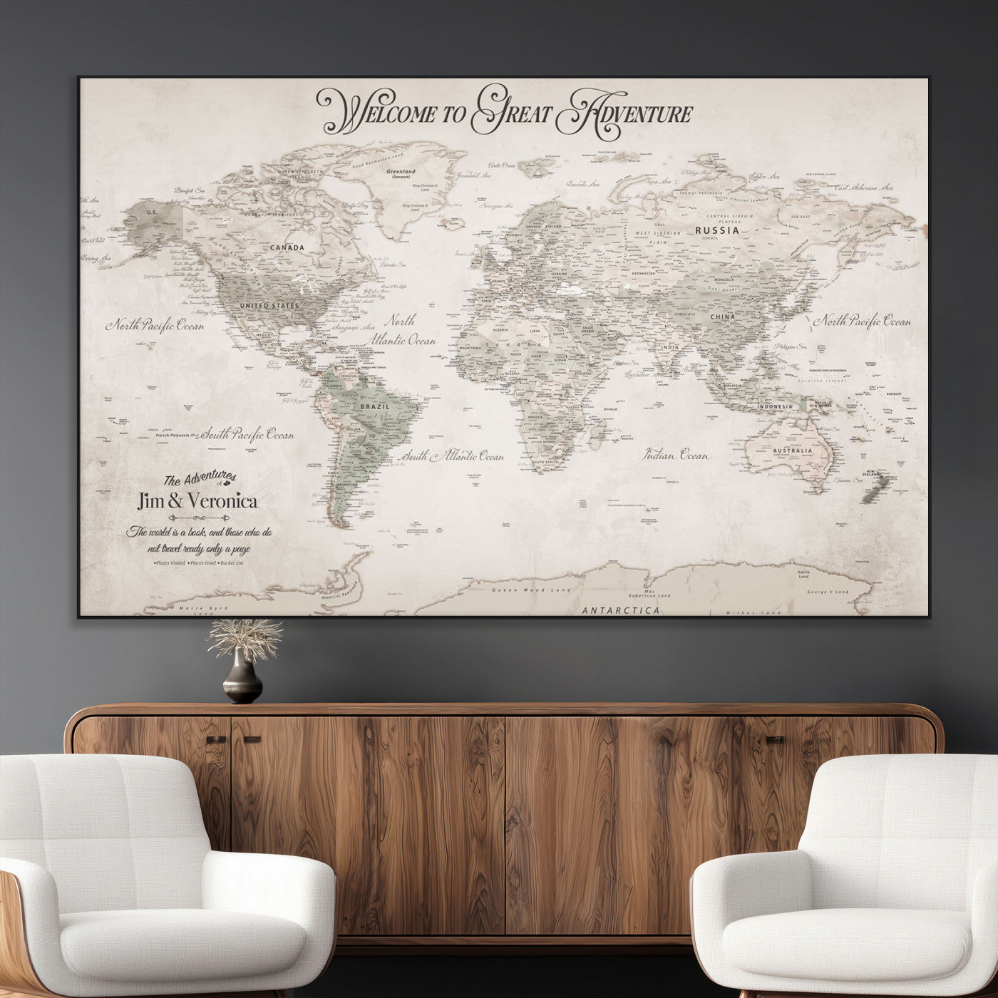 93034948-MGV-CV-36X24-Personalized World Map Wall Art – Vintage Beige Adventure Travel Map with Custom Names, Elegant Push Pin Canvas for Couples,