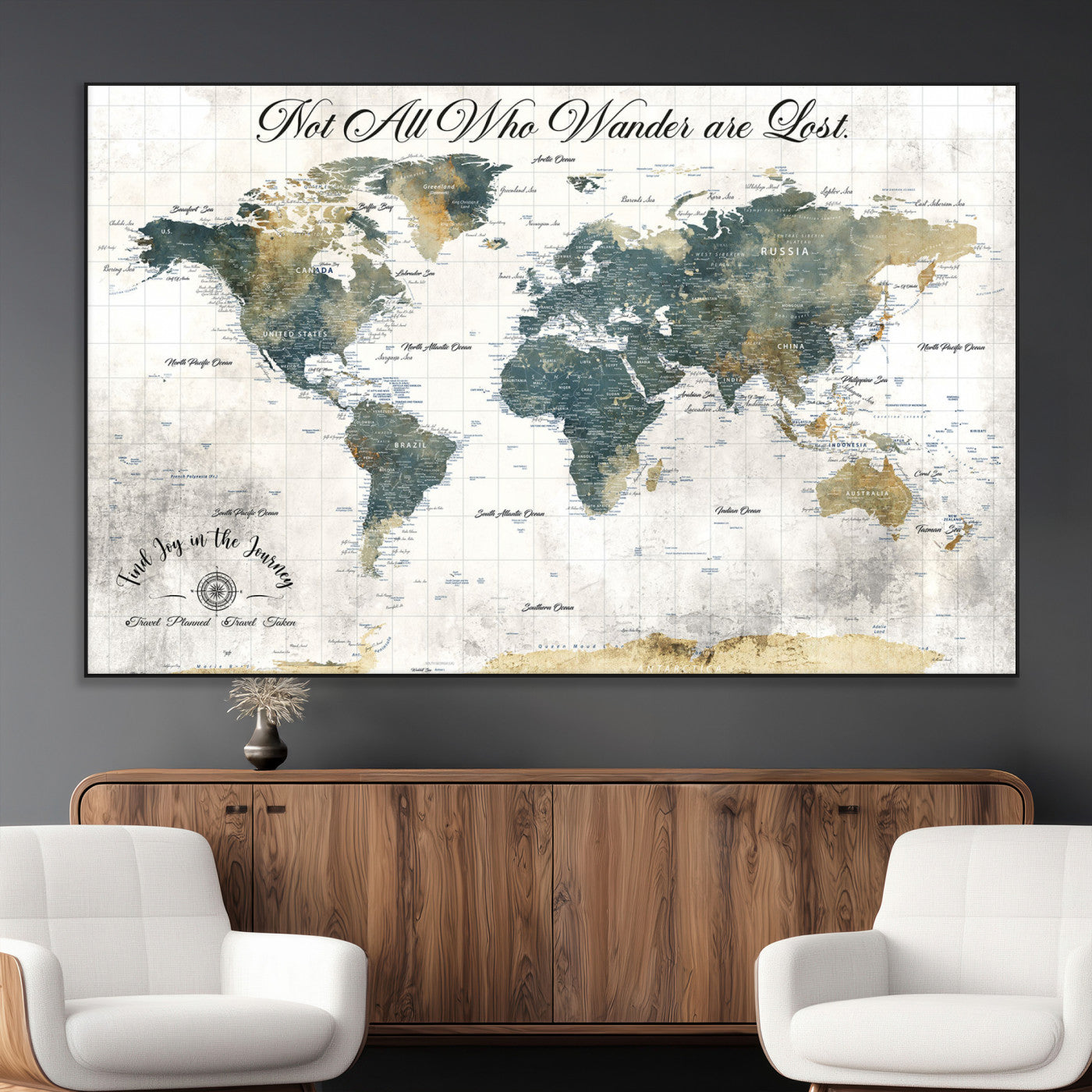 16233493-MGV-CV-36X24-Personalized World Map Wall Art – Rustic Blue Green Wanderlust Travel Map with Custom Couple Names, Vintage Wall Decor for Home