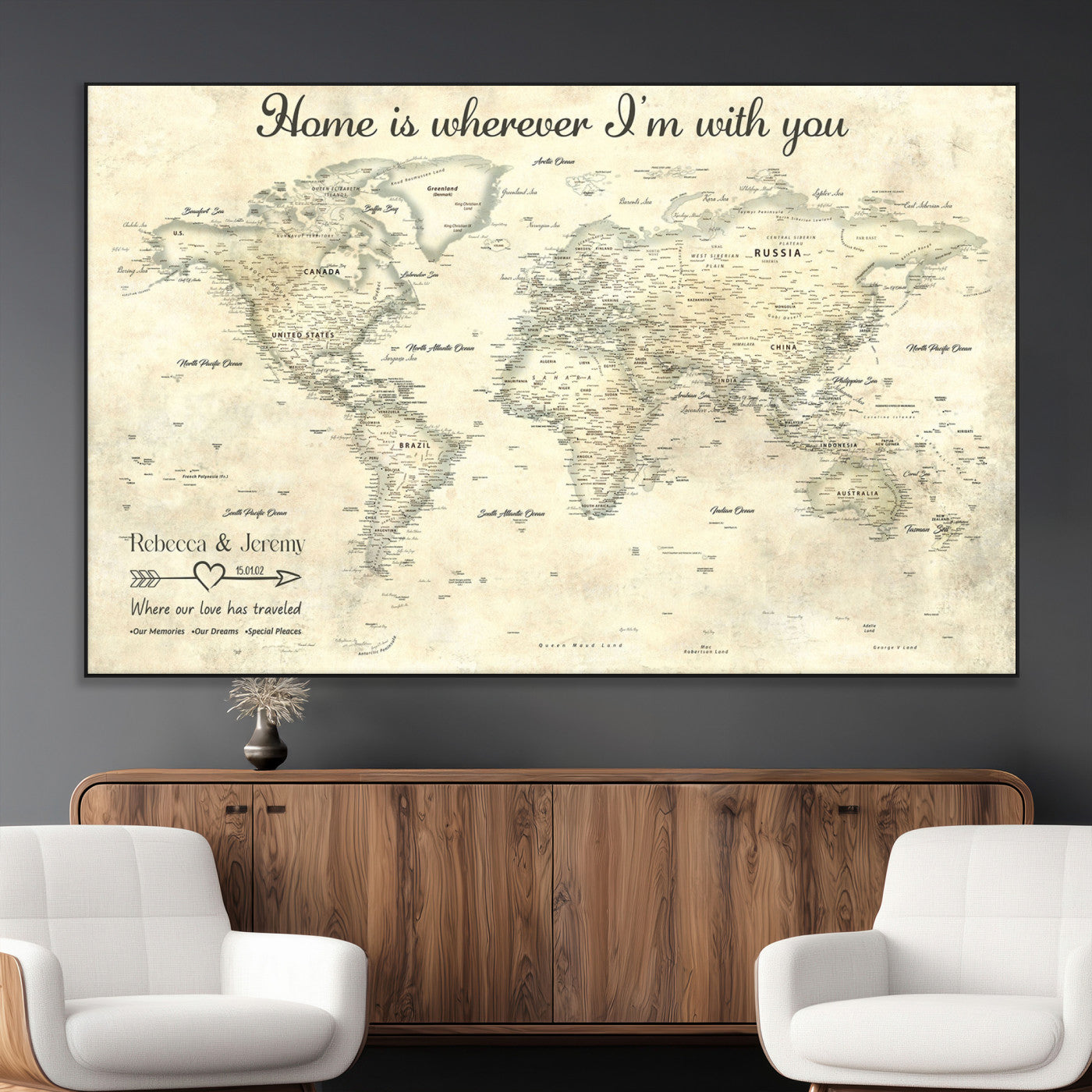 35009043-MGV-CV-36X24-Personalized World Map Wall Art – Vintage Beige Travel Map with Custom Names and Date, Romantic Anniversary Gift for Couples Home