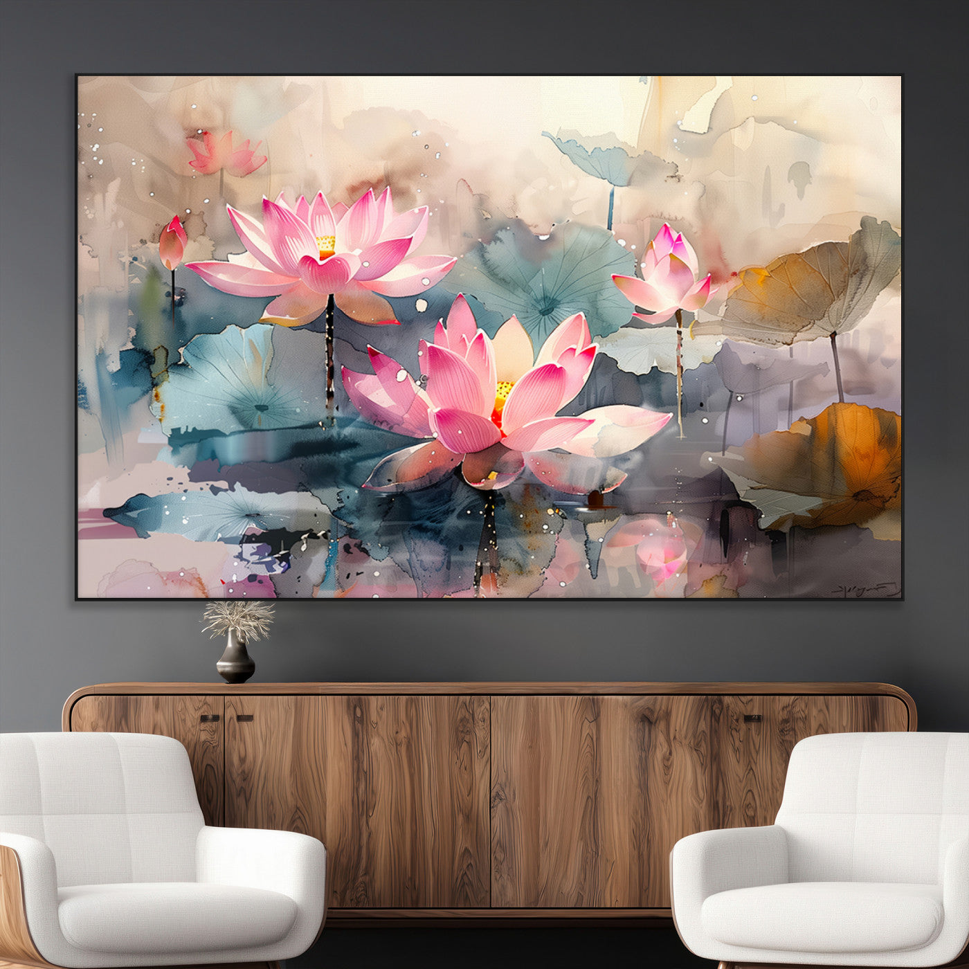 18414-MGV-CV-36X24-Pink Lotus Wall Art Canvas Print, Framed Water Lily Art Picture Print, Dreamy Floral Perfect Dreamy Botanical Decor Artwork