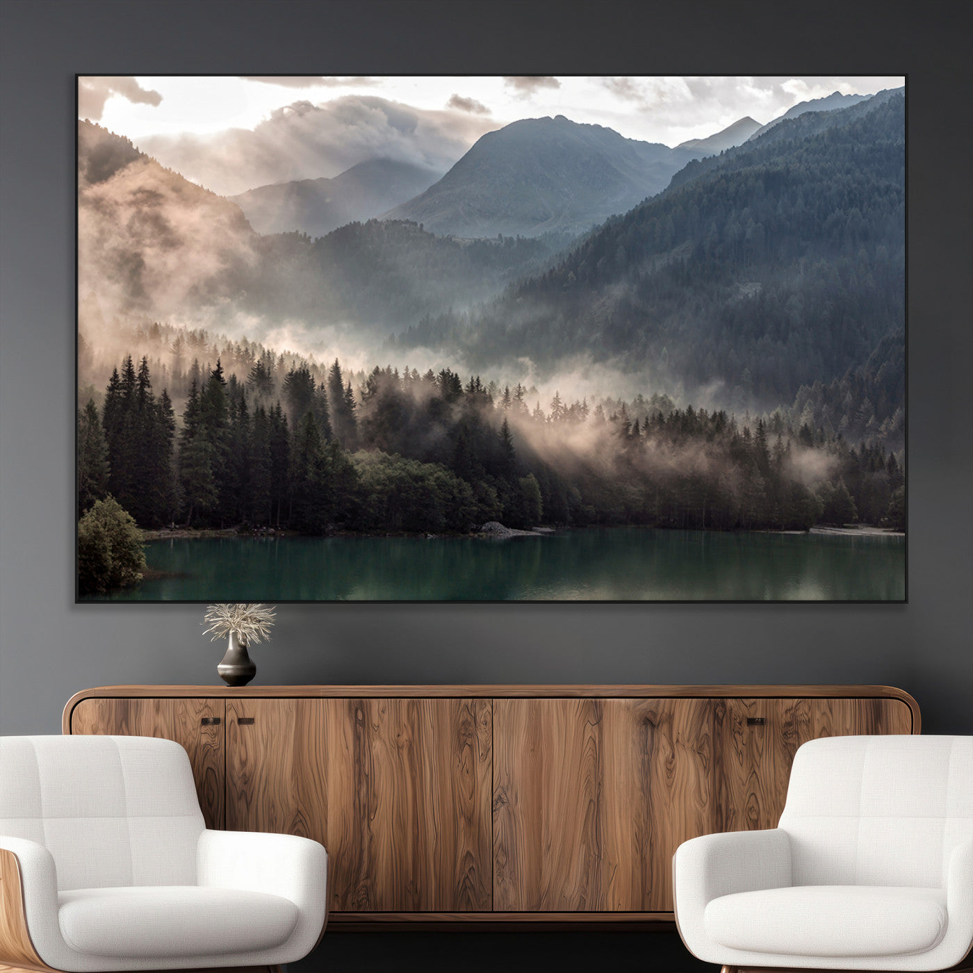 64758-MGV-CV-36X24-Misty Mountains Wall Art Canvas Print, Framed Moody Pines Art Picture Print, Forest Lake Perfect Moody Alpine Decor Artwork