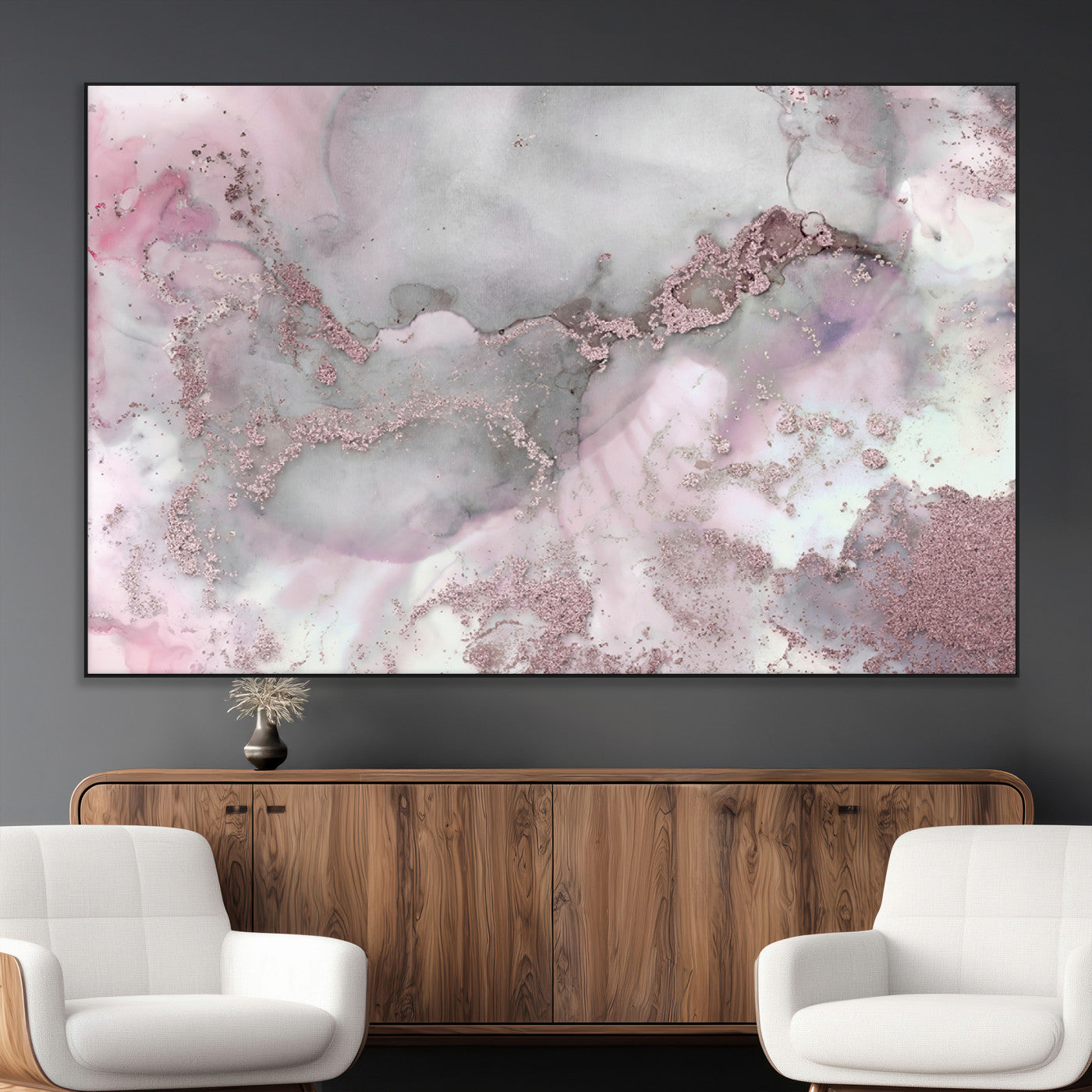 16416-MGV-CV-36X24-Blush Marble Wall Art Canvas Print, Framed Rose Gold Art Picture Print, Pink Cloudy Perfect Modern Glam Decor Artwork