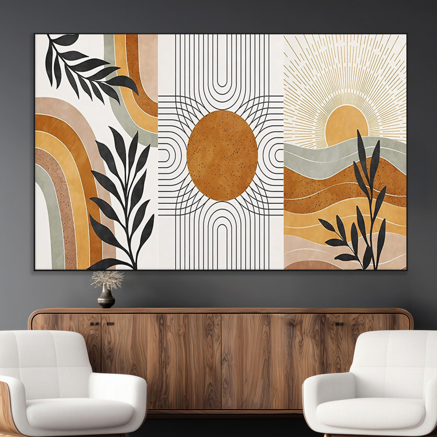 32359-MGV-CV-36X24-Modern Sun Wall Art Canvas Print, Framed Retro Horizon Art Picture Print, Sunburst Design Perfect Mid Century Boho Decor Artwork