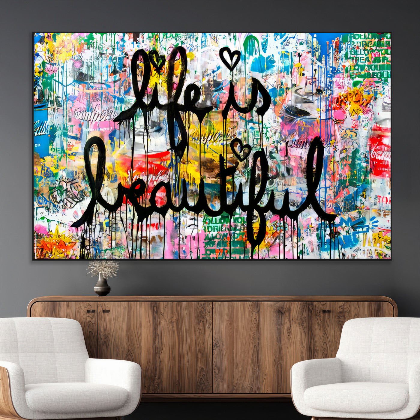 36856-MGV-CV-36X24-Life Is Beautiful Wall Art – Colorful Graffiti Canvas Print, Modern Street Style Artwork, Inspirational Decor for Living Room,