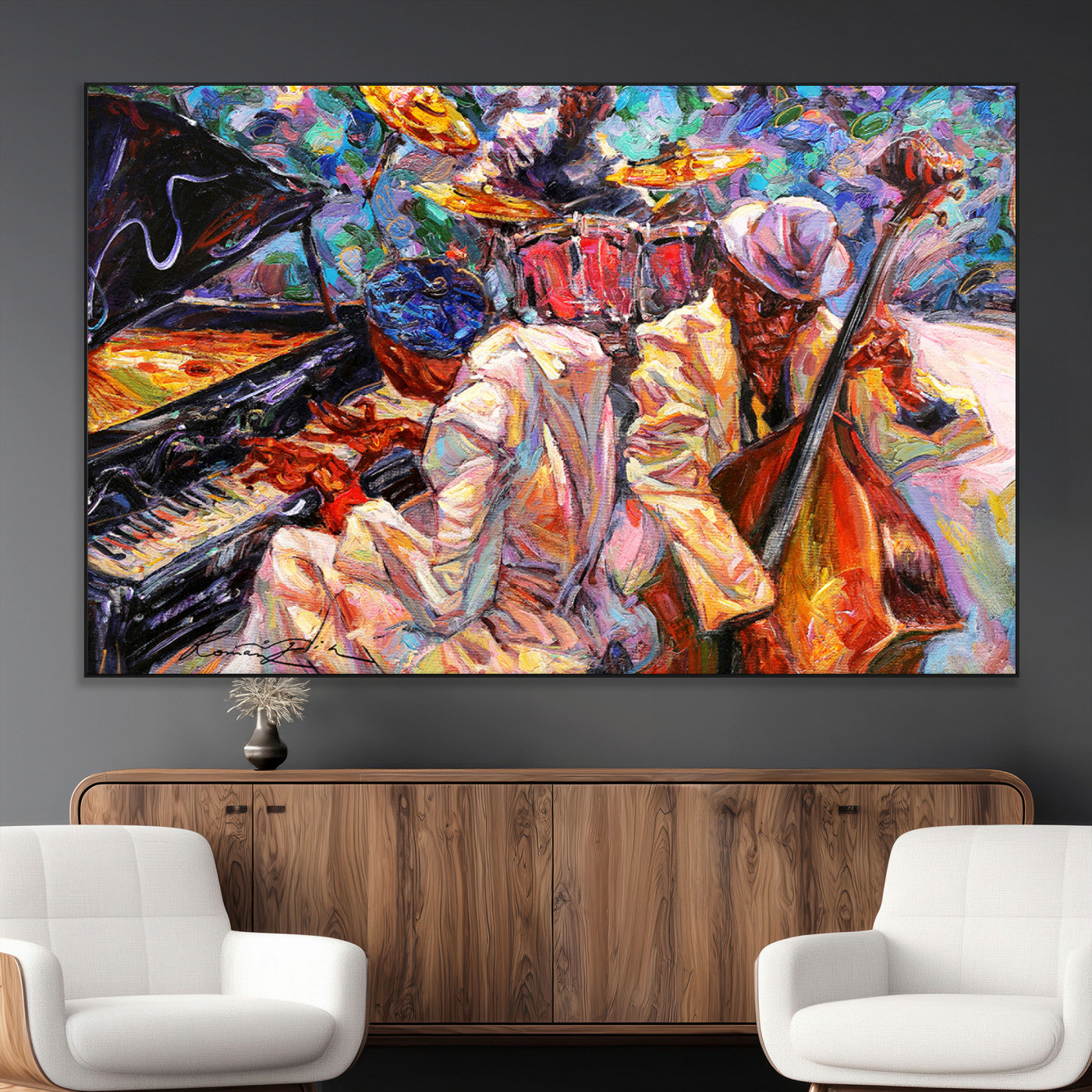 13675-MGV-CV-36X24-Jazz Band Wall Art Canvas Print, Framed Jazz Oil Painting Art Picture Print, Vibrant Music Perfect Abstract Musical Decor Artwork
