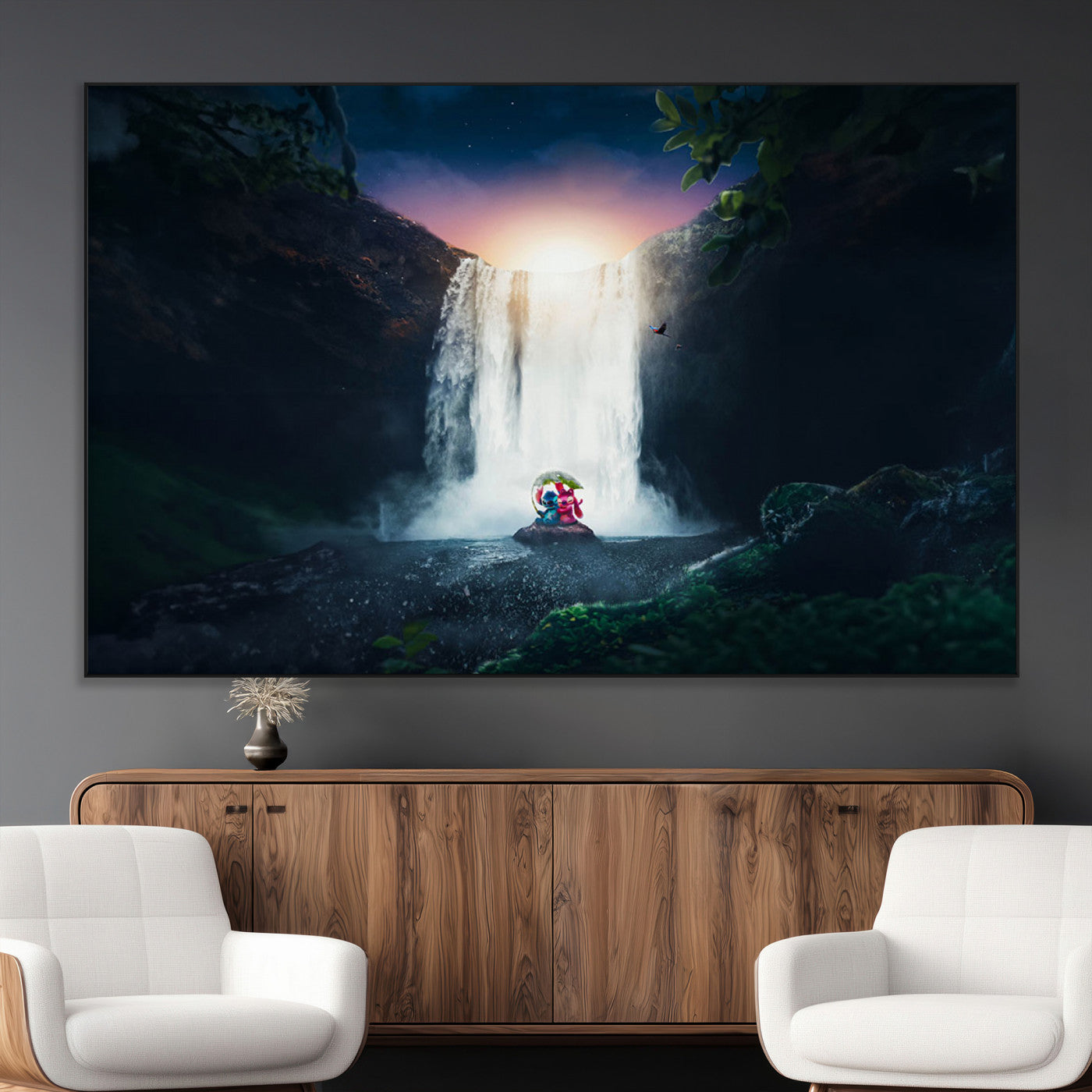 56359-MGV-CV-36X24-Lilo Stitch Wall Art Canvas Print, Framed Stitch Angel Art Picture Print, Cartoon Waterfall Perfect Tropical Fantasy Decor Artwork