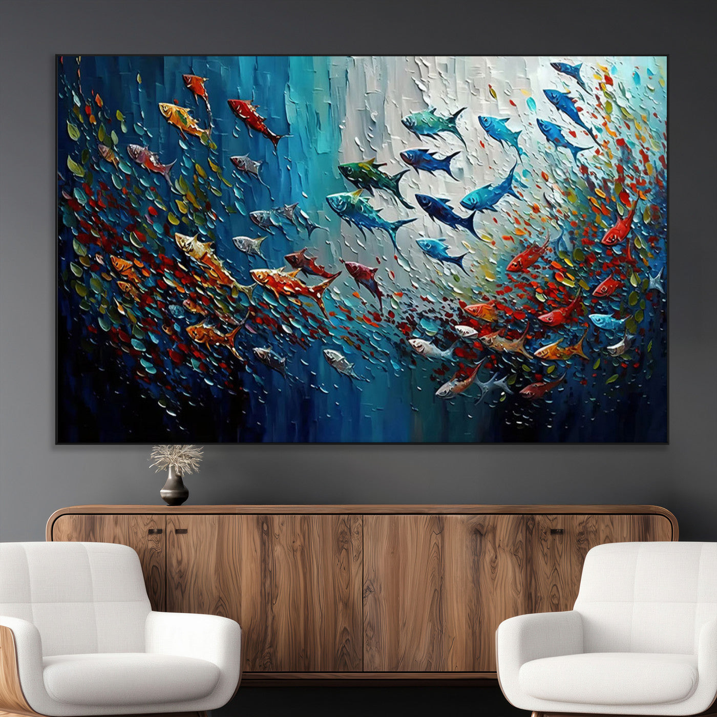 89626-MGV-CV-36X24-Fish Swarm Wall Art Canvas Print, Framed Abstract Ocean Art Picture Print, Underwater Life Perfect Vibrant Coastal Decor Artwork