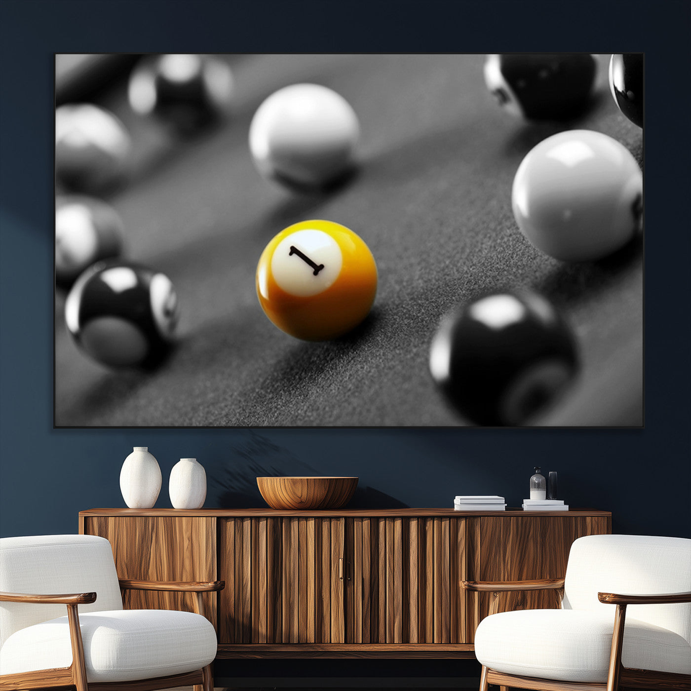 52108-SEG-FC-51X34_Oversize_Oversize-Precision Pool Table Wall Art – Close Up Yellow 1 Ball Canvas Print, Hand-Played Billiards Game Decor for Office, Game Room, or