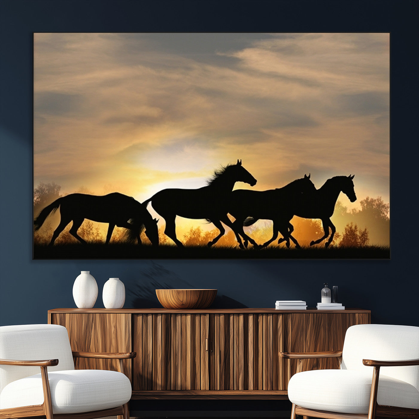 16620-SEG-FC-51X34_Oversize_Oversize-Sunset Stallions Wall Art – Silhouetted Horses Running Canvas Print, Nature’s Rhythm, Perfect for Living Room, Office, or Man Cave