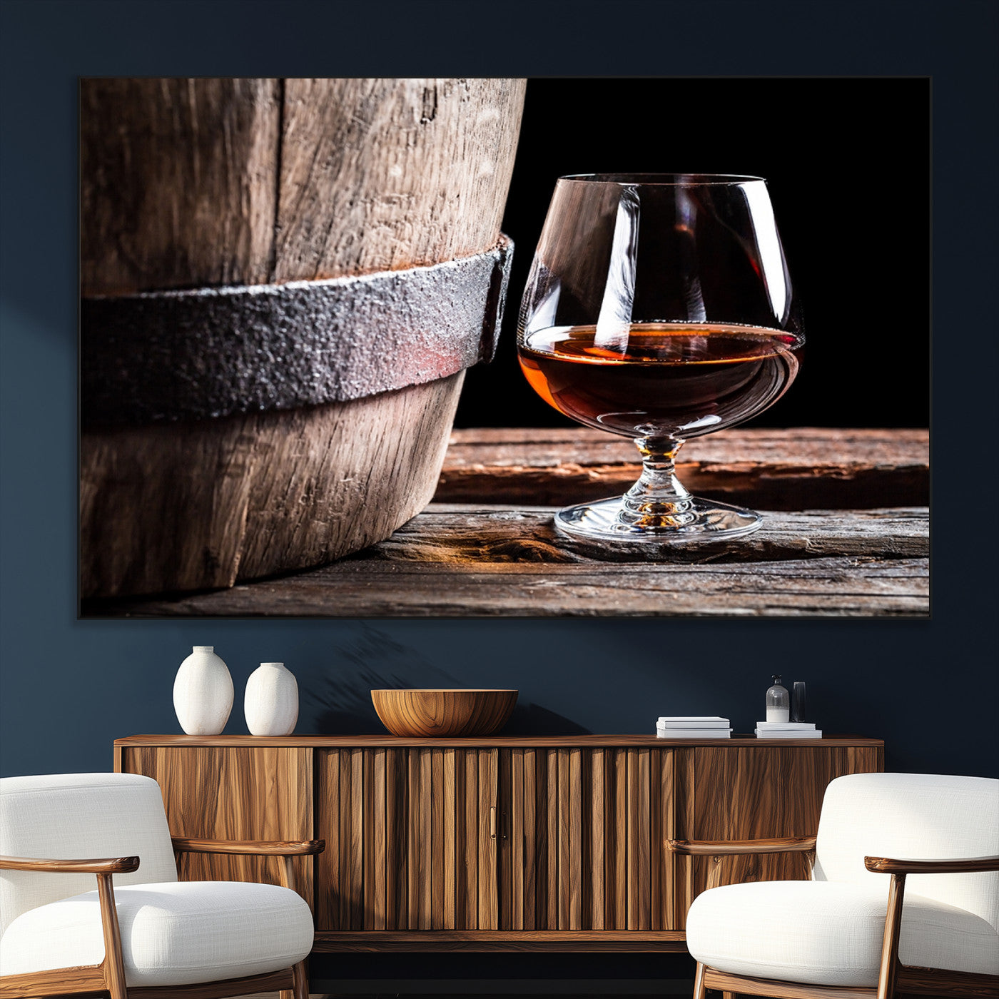 50839-SEG-FC-51X34_Oversize_Oversize-Barrel & Brandy Wall Art – Rustic Whiskey Barrel and Brandy Glass Canvas Print, Elegant Home Bar or Lounge Decor for Office, Man