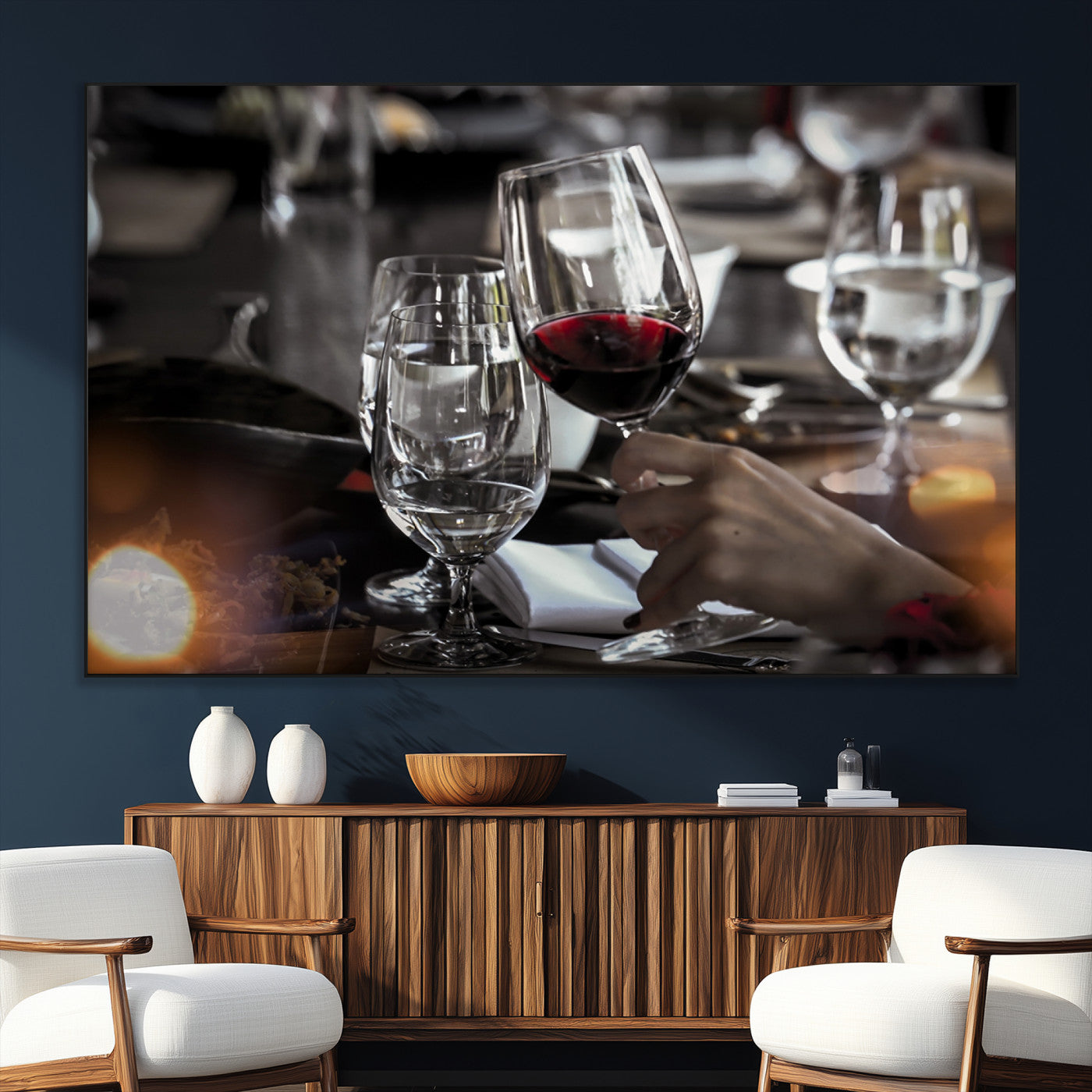 75513-SEG-FC-51X34_Oversize_Oversize-Elegant Wine Toast Wall Art – Close-Up Red Wine Glass at Dinner Table Canvas Print, Sophisticated Dining Room or Bar Decor