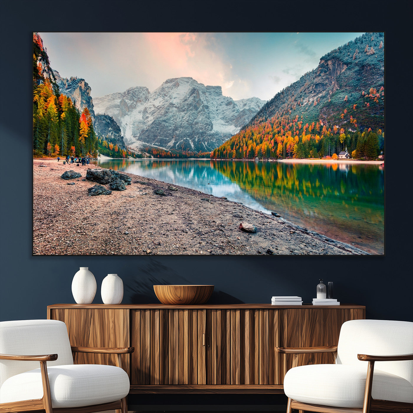 25982-SEG-FC-51X34_Oversize_Oversize-Autumn Mountain Lake Wall Art – Panoramic Fall Foliage and Snowy Peaks Canvas Print, Scenic Nature Decor for Living Room or Office