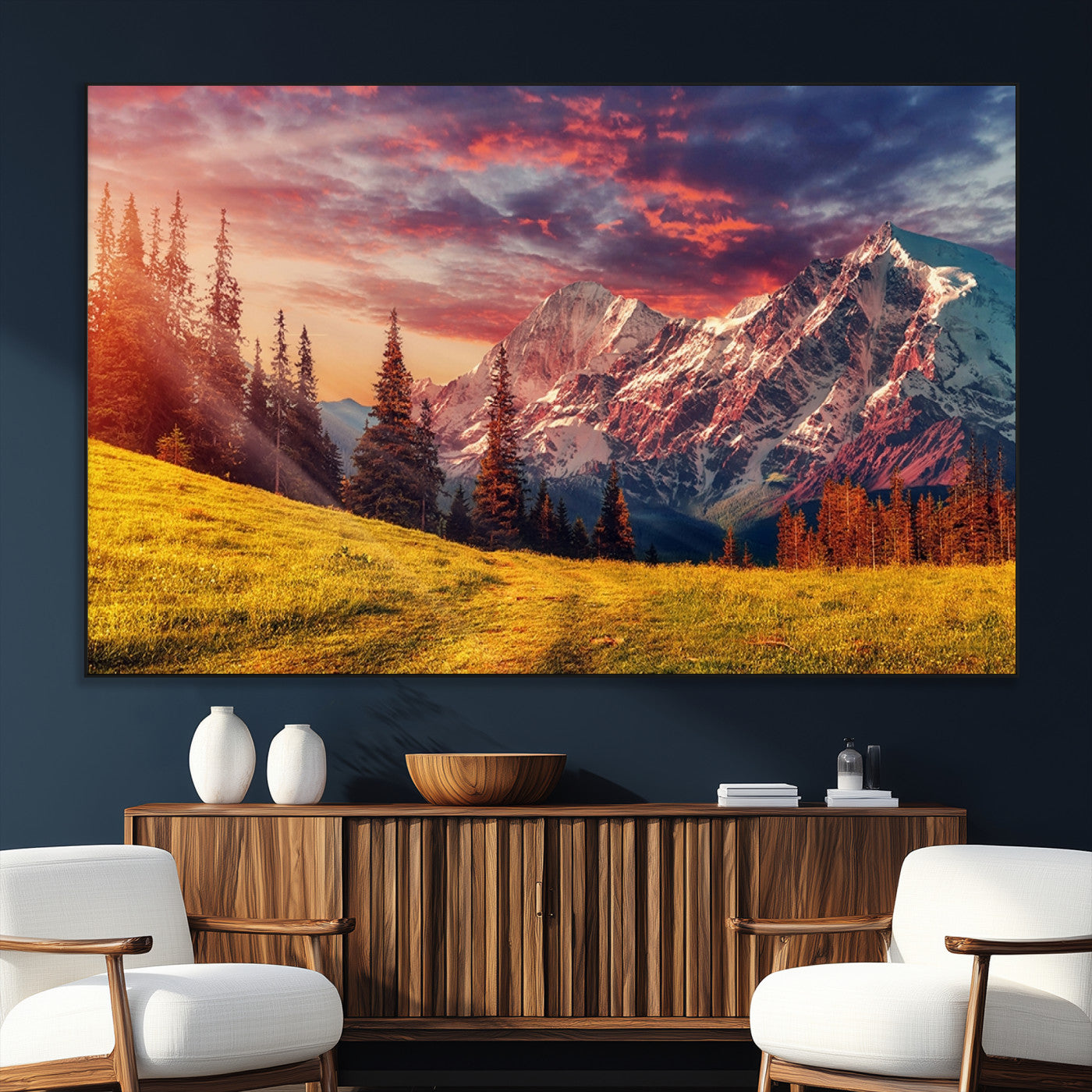 83947-SEG-FC-51X34_Oversize_Oversize-Sunset Mountain Landscape Wall Art – Panoramic Alpine Meadow and Snow Capped Peaks Canvas Print, Nature Scenic Decor for Home,