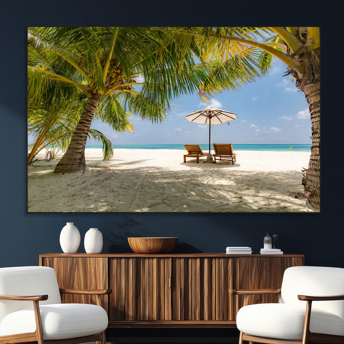 83601-SEG-FC-51X34_Oversize_Oversize-Tropical Beach Wall Art – Serene Palm Trees and Lounge Chairs Canvas Print, Relaxing Coastal Decor for Living Room, Bedroom or