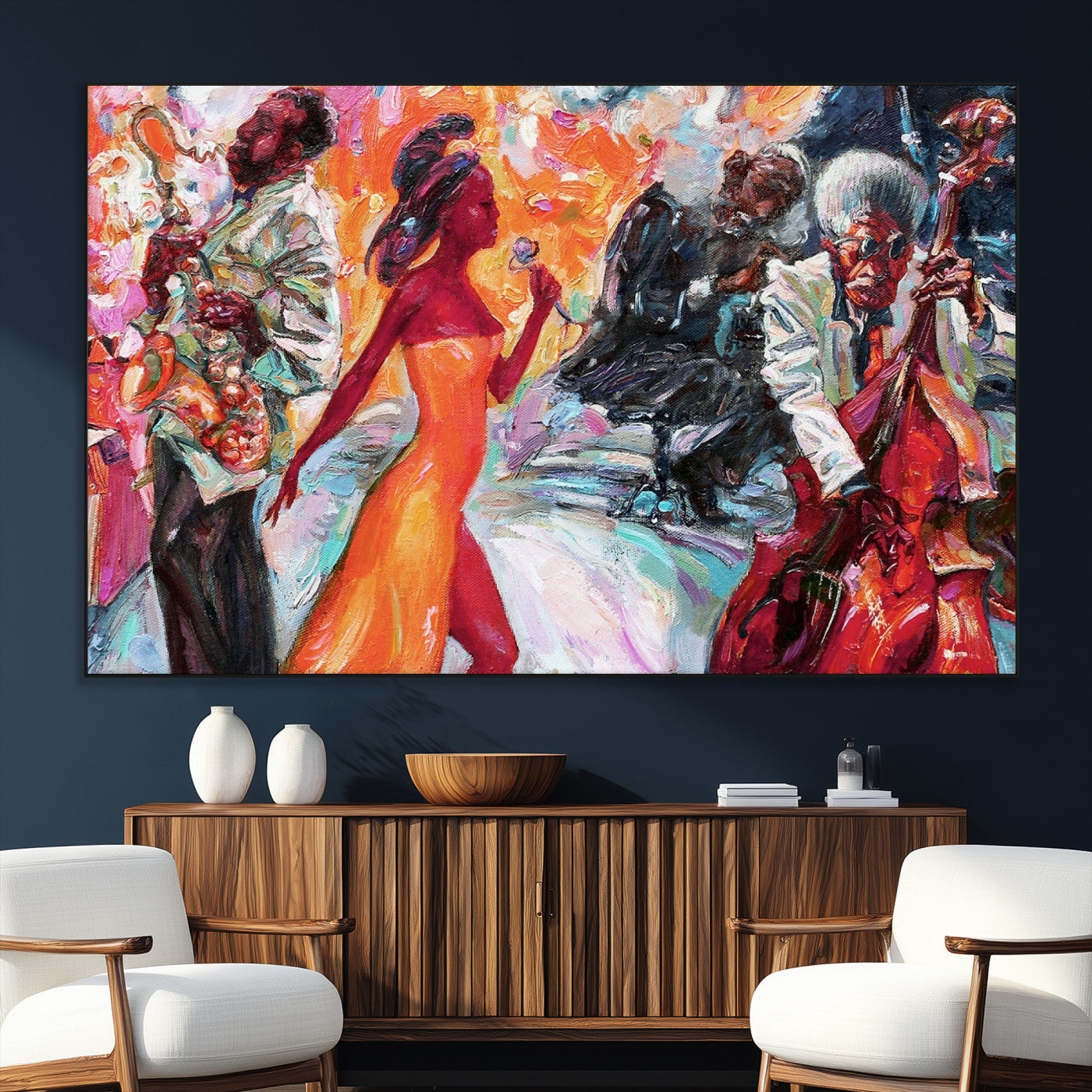 24452-SEG-FC-51X34_Oversize_Oversize-Vibrant Jazz Musician Painting - Expressive Art Print of Live Jazz Band, Perfect Wall Decor for Music Lovers and Art Enthusiasts