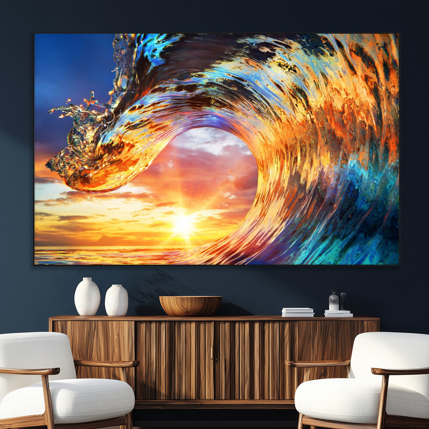52890-SEG-FC-51X34_Oversize_Oversize-Surfing Wave Wall Art Canvas Print, Framed Sunset Ocean Art Picture Print, Ocean Wave Perfect Nautical Decor Artwork