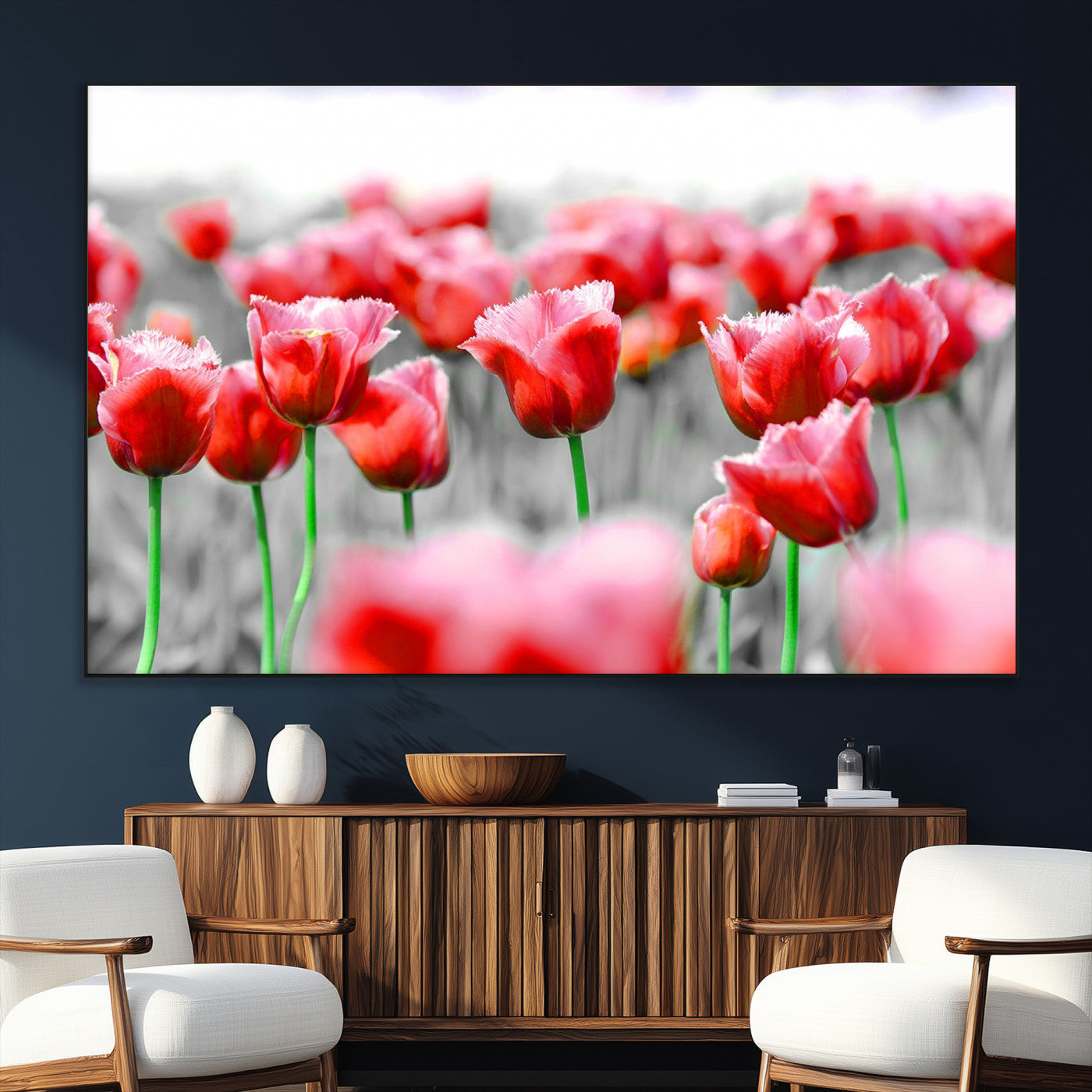 44554-SEG-FC-51X34_Oversize_Oversize-Vibrant red tulips stand out beautifully against a black-and-white background, making a striking decor piece perfect for any home