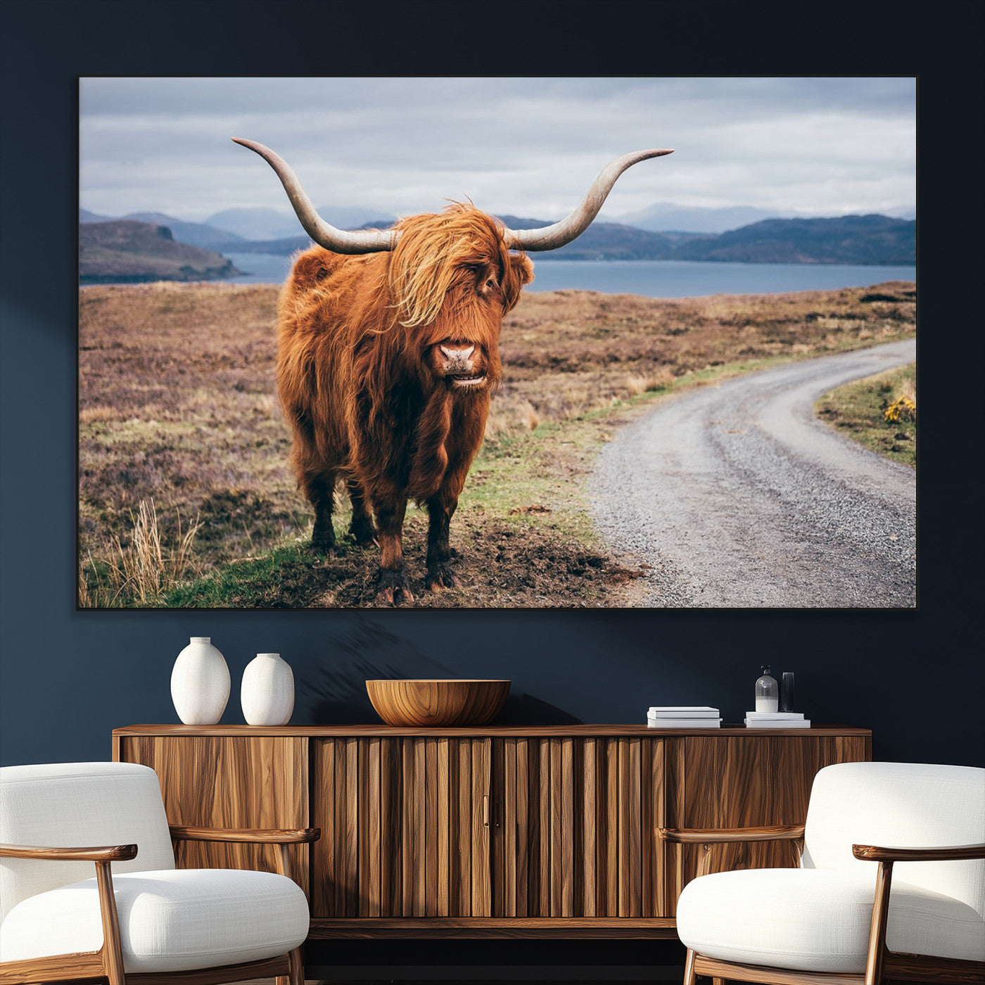 56121-SEG-FC-51X34_Oversize_Oversize-Rustic Highland Cow Wall Art – Panoramic Nature Canvas Print, Perfect Decor for Home, Office, Living Room or Man Cave
