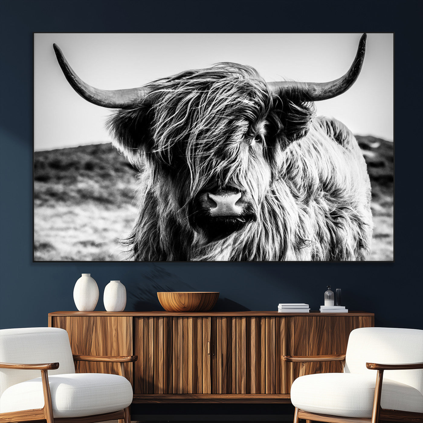 36979-SEG-FC-51X34_Oversize_Oversize-Striking black-and-white portrait of a Highland cow with flowing fur and majestic horns, perfect for rustic and elegant home or