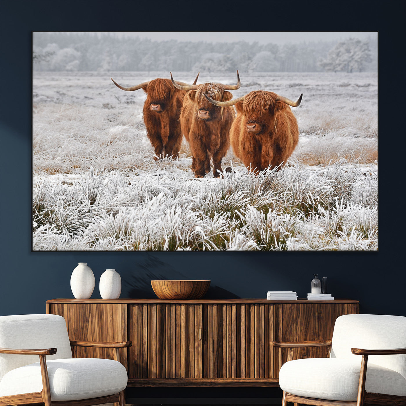 10396-SEG-FC-51X34_Oversize_Oversize-Highland Cattle Wall Art – Rustic Winter Landscape Canvas Print, Farmhouse Decor for Living Room, Office, Cabin or Country Home