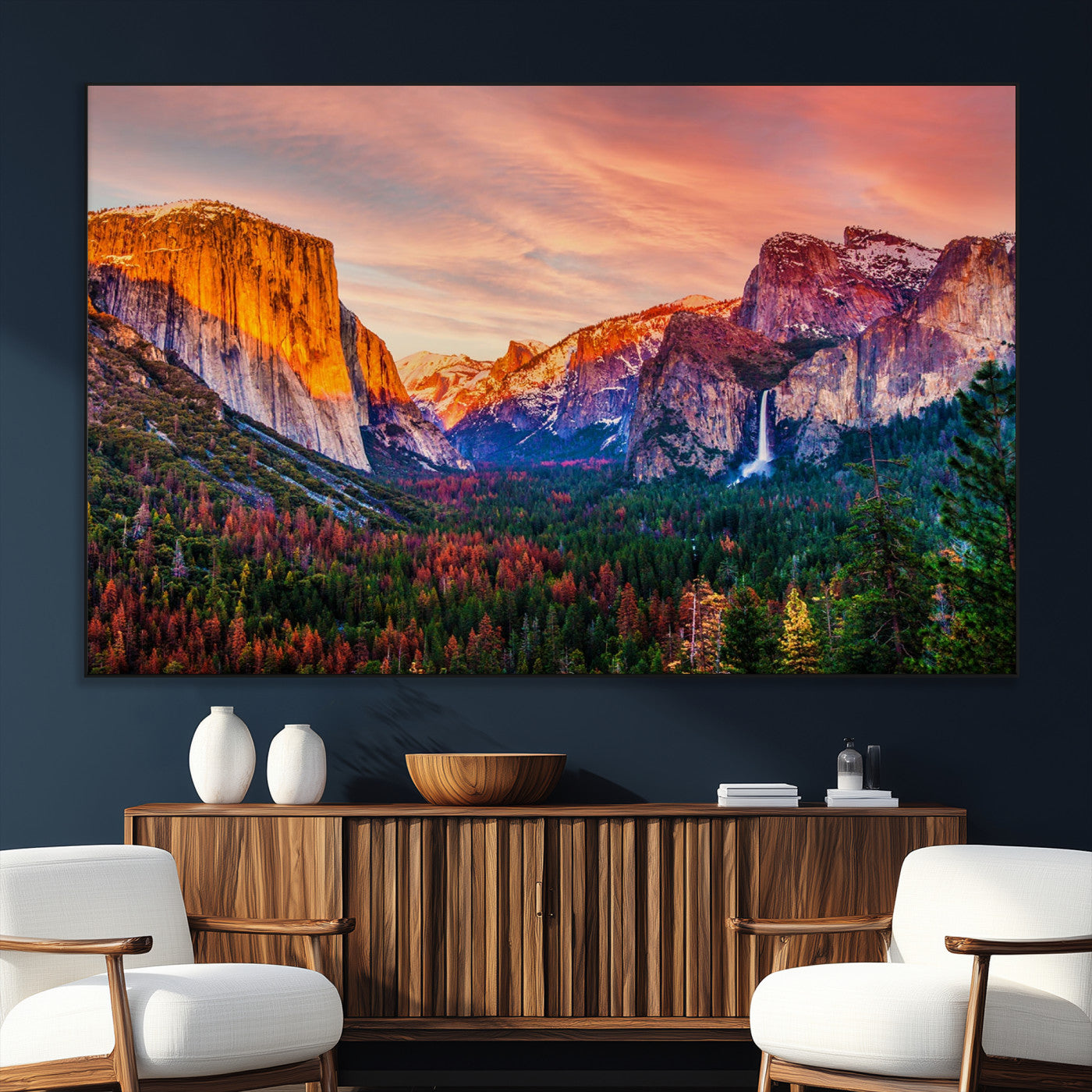 24519-SEG-FC-51X34_Oversize_Oversize-Yosemite Valley Sunset Wall Art – Majestic Mountain Landscape with Waterfall and Vibrant Sky, Nature Photography for Home or