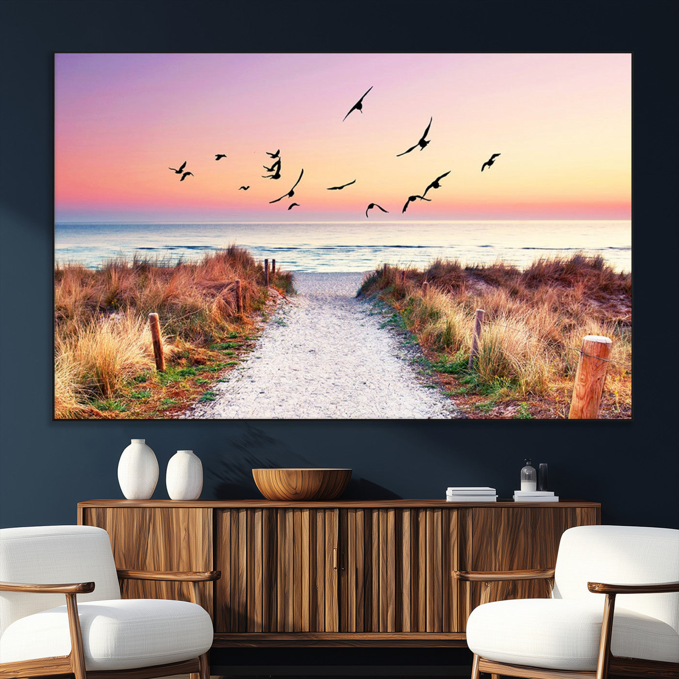 54411-MGV-CV-36X24-Beach Path with Birds Wall Art – Coastal Sunset Ocean Canvas Print, Seaside Nature Landscape Photography for Living Room, Bedroom