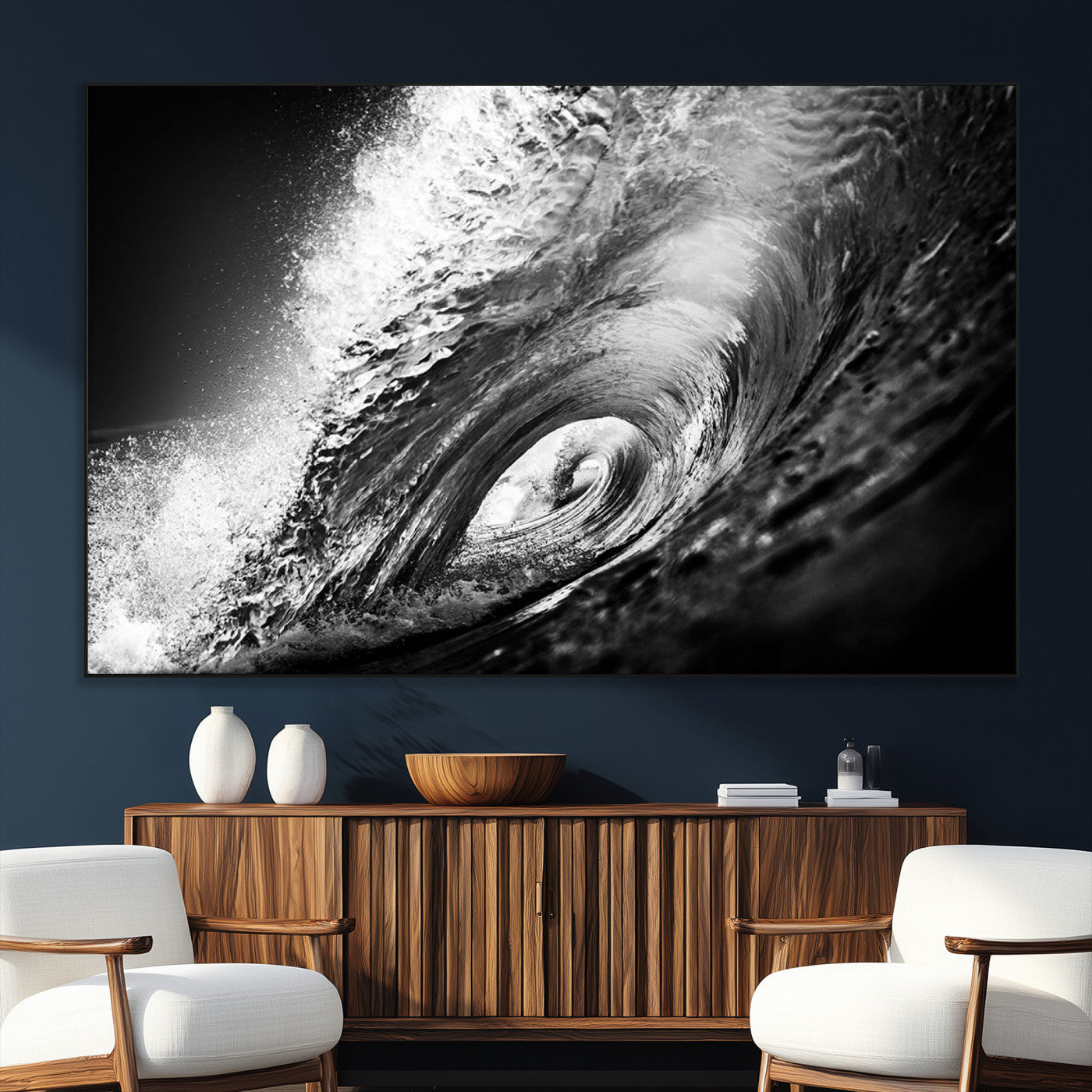 22702-MGV-CV-36X24-Black and White Ocean Wave Wall Art – Powerful Surf Curl Photography Canvas Print, Modern Coastal Decor for Living Room, Office or