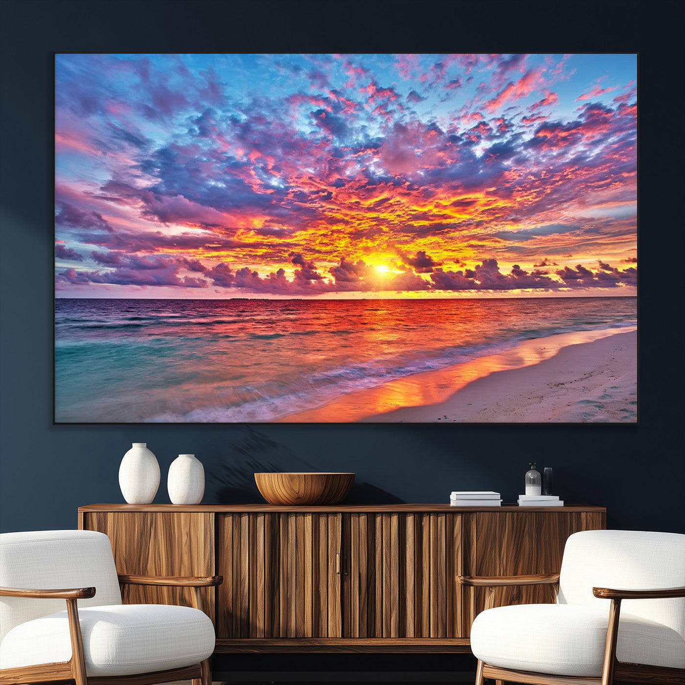 72836-MGV-CV-36X24-Fiery Sunset Beach Wall Art – Panoramic Vibrant Ocean Canvas Print, Dramatic Coastal Decor for Living Room, Bedroom or Office