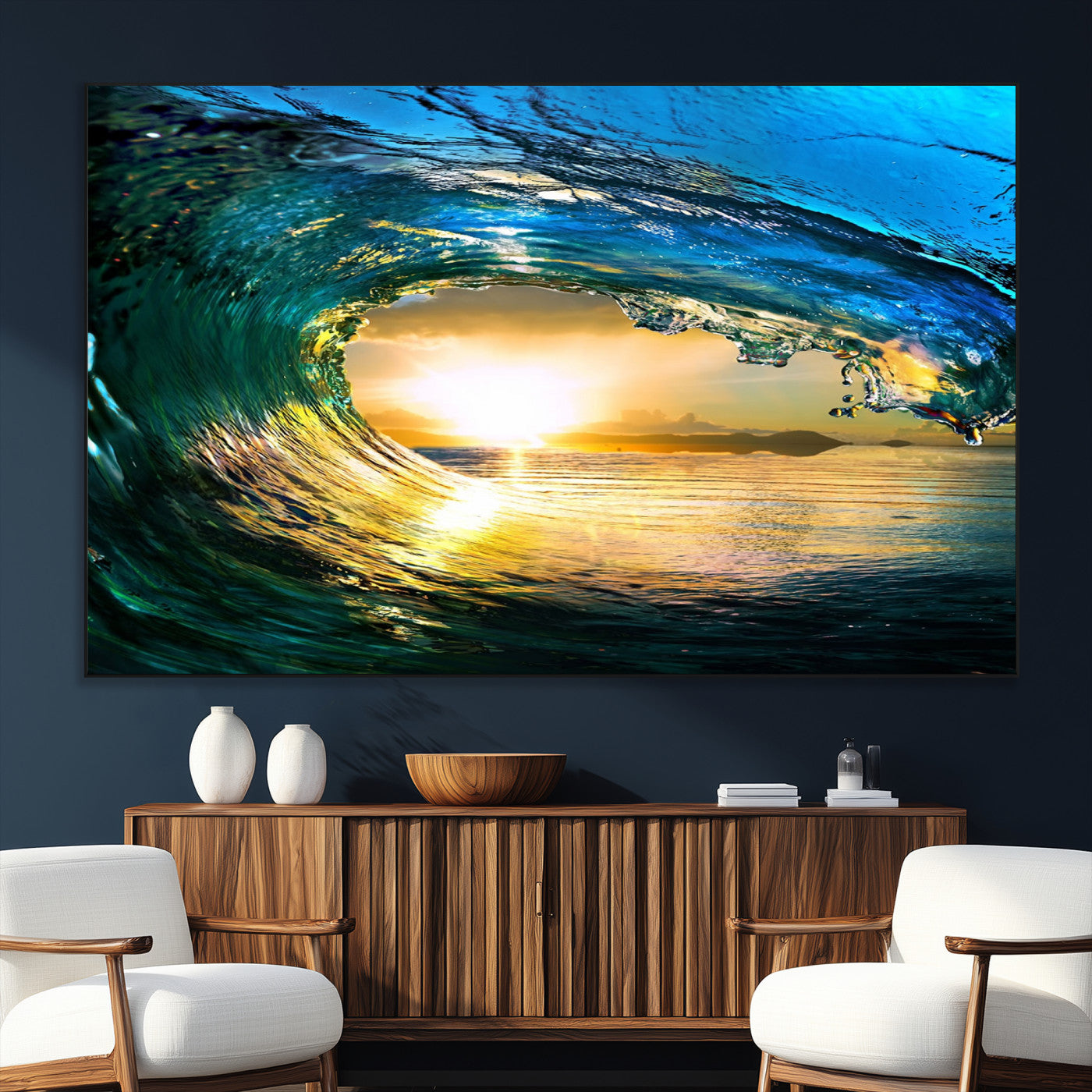 19378-MGV-CV-36X24-Ocean Wave Sunset Wall Art – Vibrant Surf and Golden Horizon Canvas Print, Coastal Seascape Photography for Living Room, Bedroom,