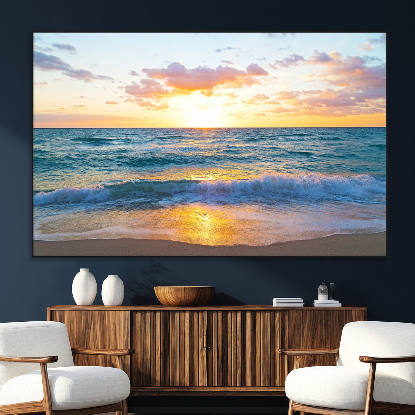 78006-MGV-CV-36X24-Golden Sunrise Ocean Wall Art – Panoramic Beach Waves Canvas Print, Coastal Seascape Artwork for Living Room, Bedroom, Office, or