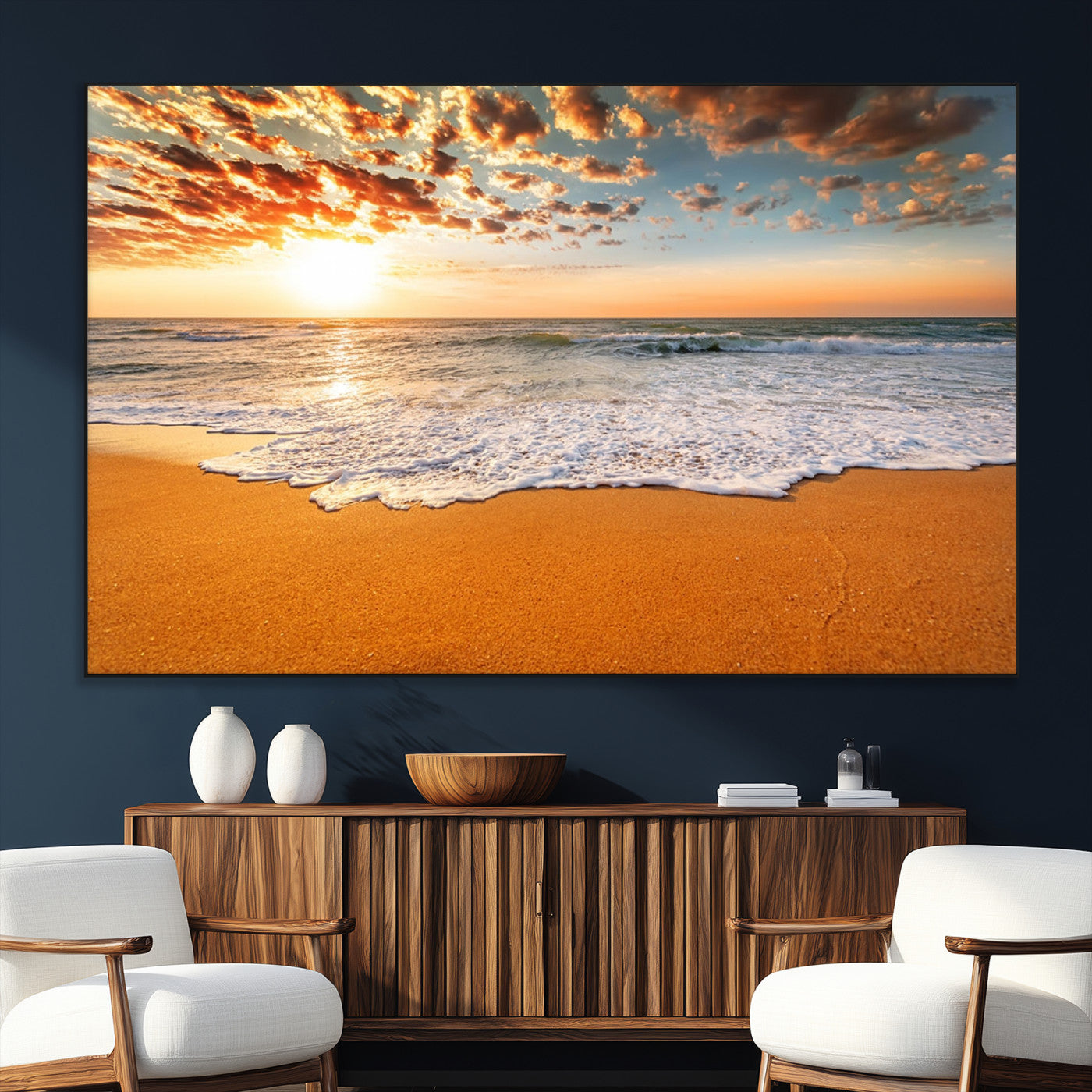 15399-MGV-CV-36X24-Golden Sunrise Beach Wall Art – Ocean Waves on Sandy Shore Canvas Print, Coastal Seascape Decor for Living Room or Bedroom