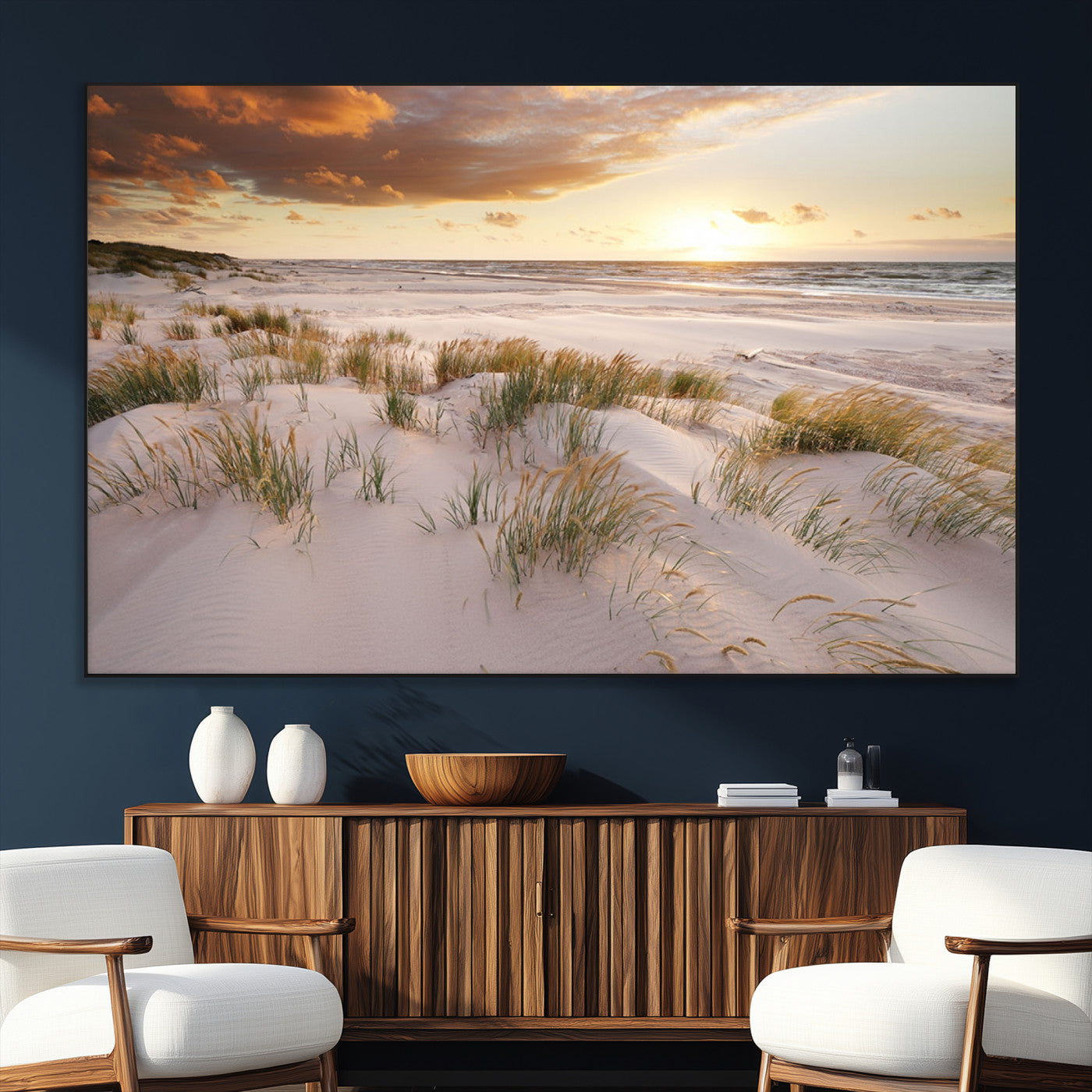 61246-MGV-CV-36X24-Coastal Sand Dunes Wall Art – Serene Beach Sunset Canvas Print with Grasses and Ocean View, Tranquil Seaside Decor for Living Room