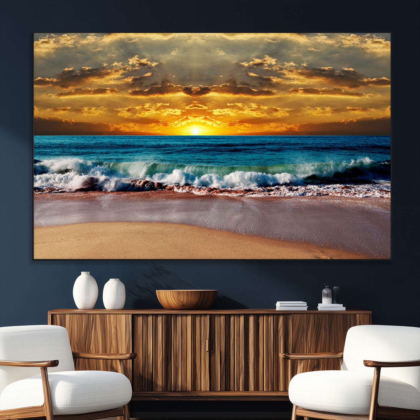 83389-MGV-CV-36X24-Ocean Sunrise Wall Art – Vibrant Beach Waves Canvas Print, Coastal Seascape Decor for Living Room or Office