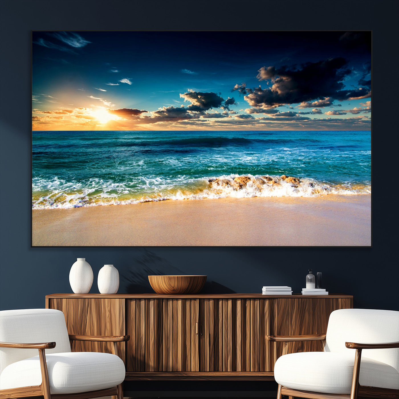 88985-MGV-CV-36X24-Ocean Sunset Wall Art – Tranquil Beach Waves Canvas Print, Coastal Seascape Decor for Living Room or Office